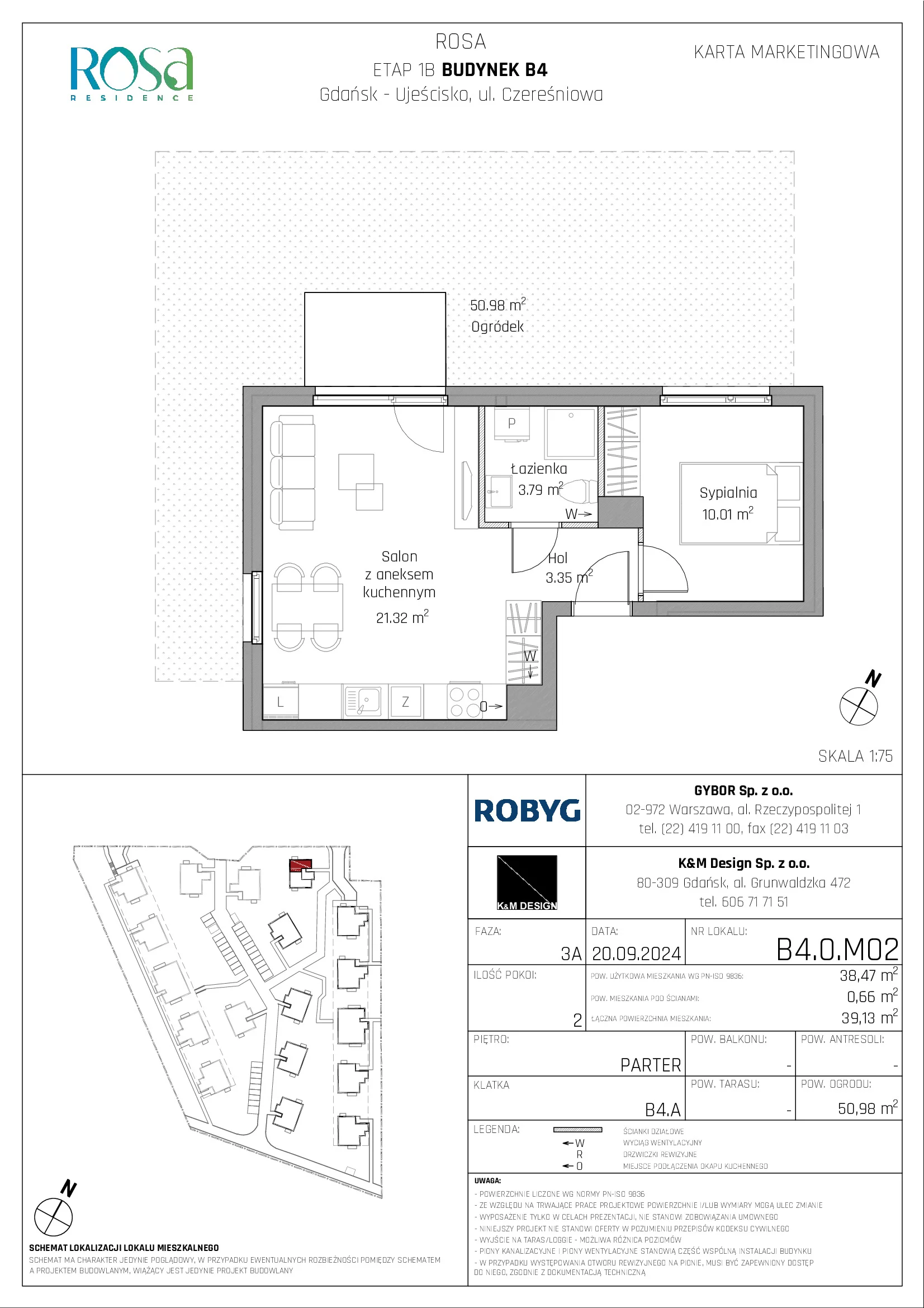 Mieszkanie 38,47 m², parter, oferta nr B4.0M02, ROSA Residence, Gdańsk, Ujeścisko-Łostowice, Ujeścisko, ul. Śliwkowa