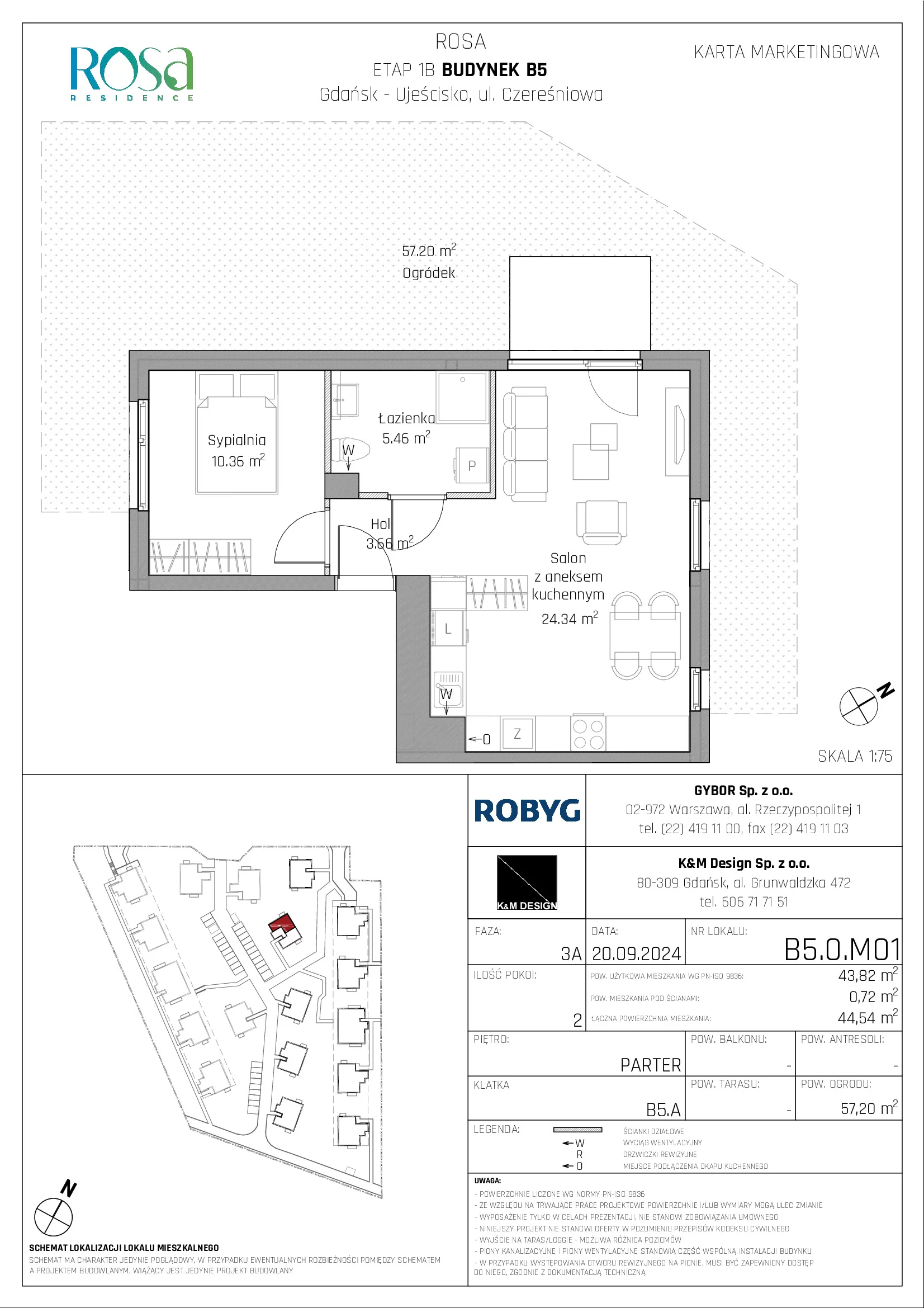 Mieszkanie 43,82 m², parter, oferta nr B5.0M01, ROSA Residence, Gdańsk, Ujeścisko-Łostowice, Ujeścisko, ul. Śliwkowa