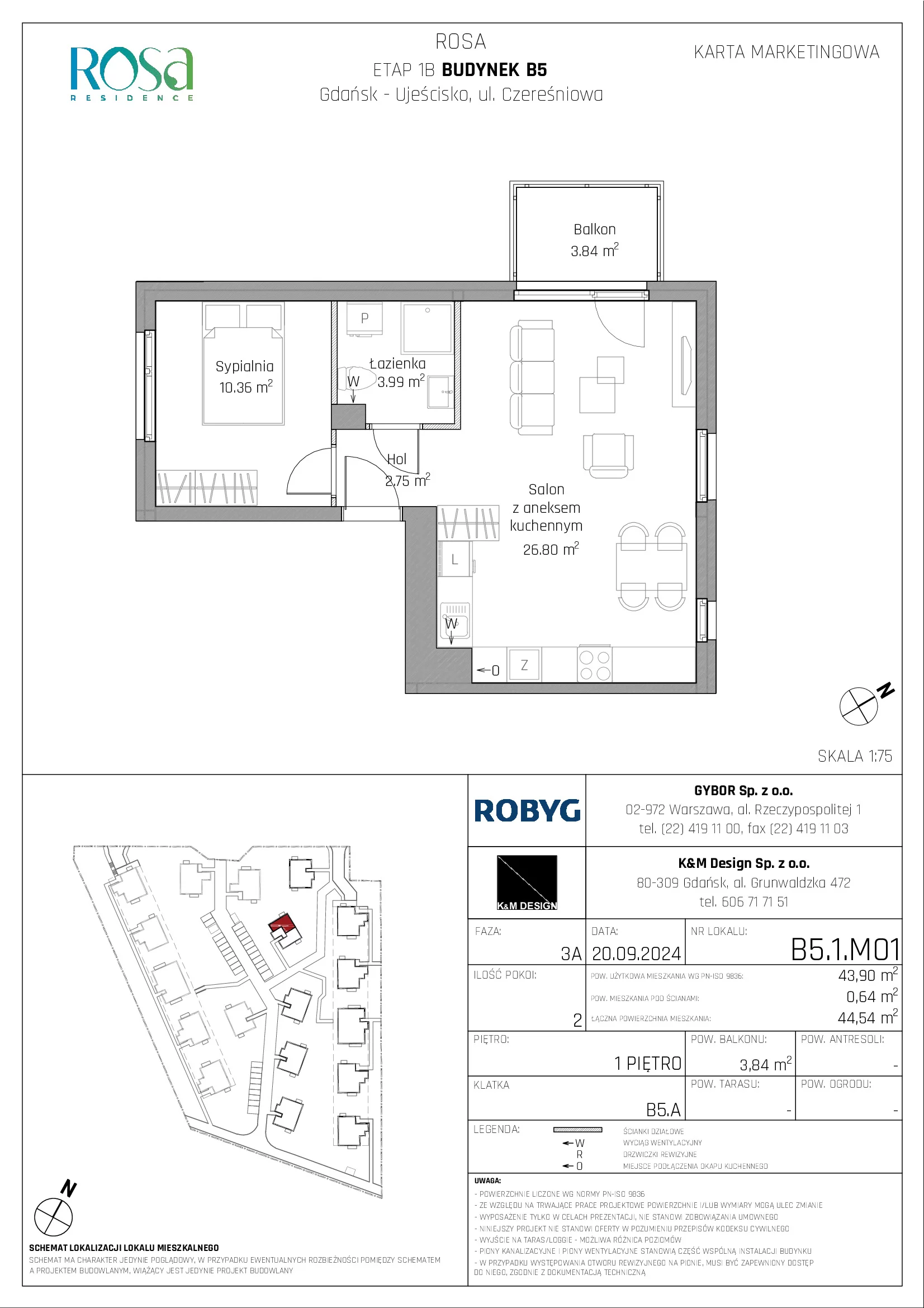 Mieszkanie 43,90 m², piętro 1, oferta nr B5.1M01, ROSA Residence, Gdańsk, Ujeścisko-Łostowice, Ujeścisko, ul. Śliwkowa