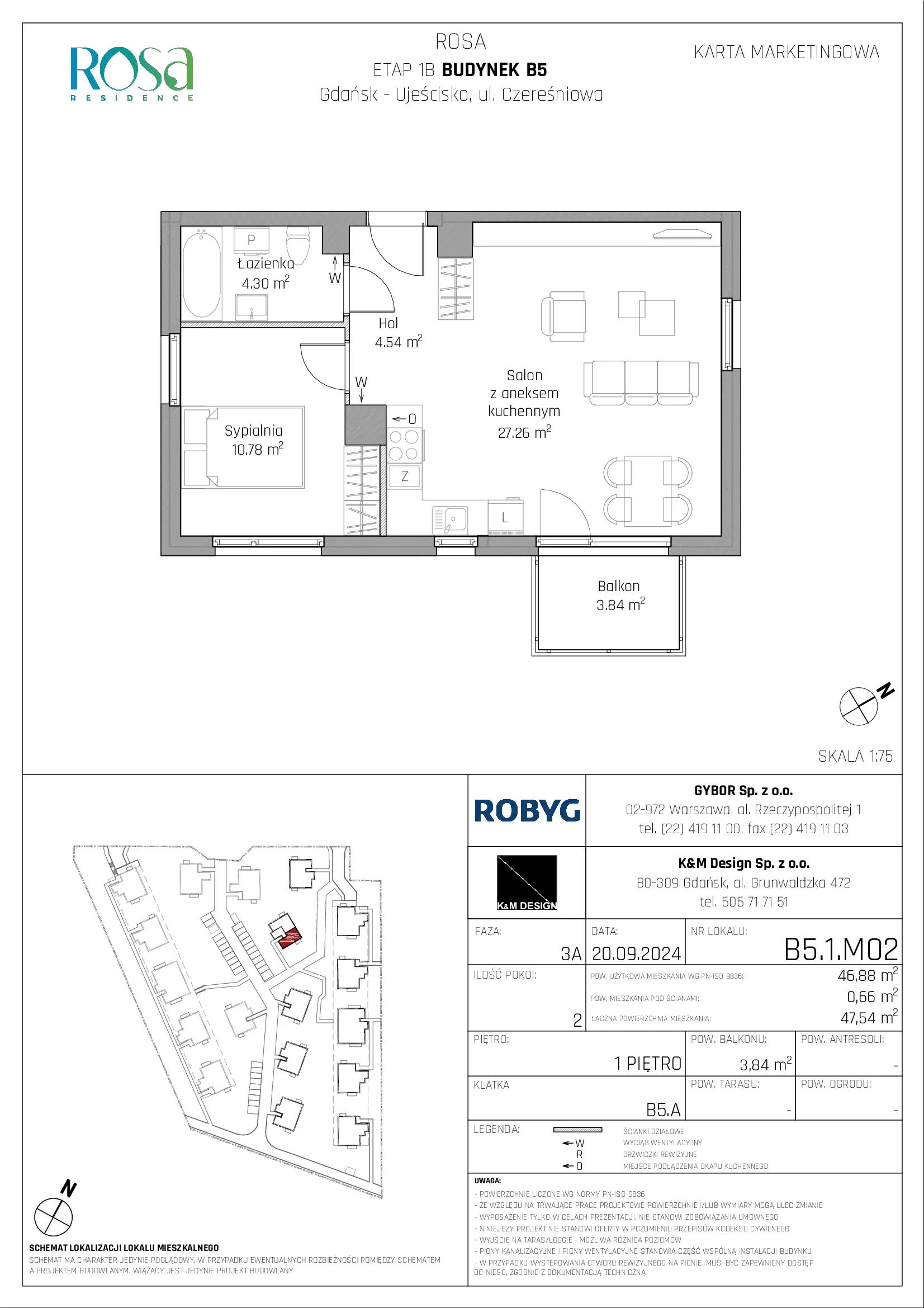 Mieszkanie 46,88 m², piętro 1, oferta nr B5.1M02, ROSA Residence, Gdańsk, Ujeścisko-Łostowice, Ujeścisko, ul. Śliwkowa