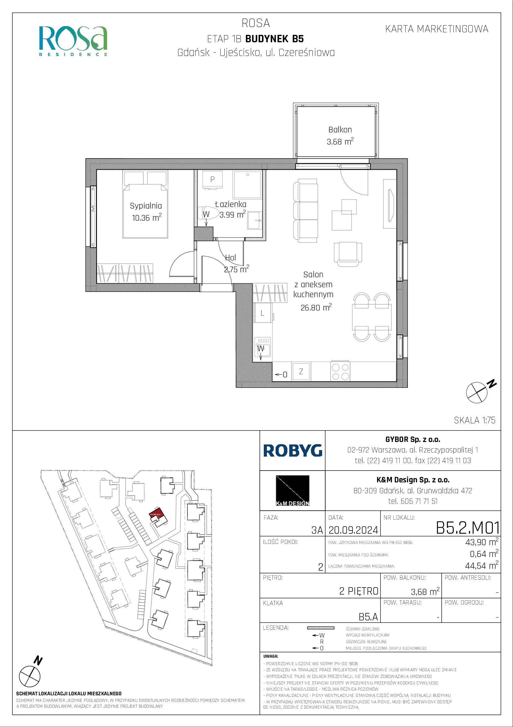 Mieszkanie 43,90 m², piętro 2, oferta nr B5.2M01, ROSA Residence, Gdańsk, Ujeścisko-Łostowice, Ujeścisko, ul. Śliwkowa