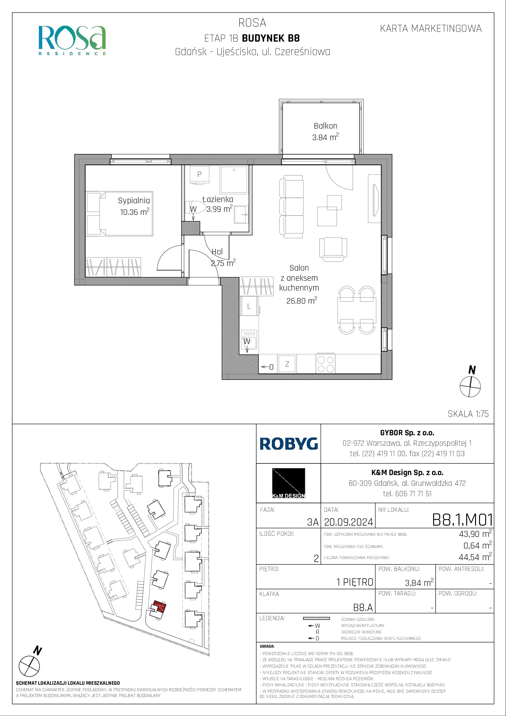 Mieszkanie 43,90 m², piętro 1, oferta nr B8.1M01, ROSA Residence, Gdańsk, Ujeścisko-Łostowice, Ujeścisko, ul. Śliwkowa