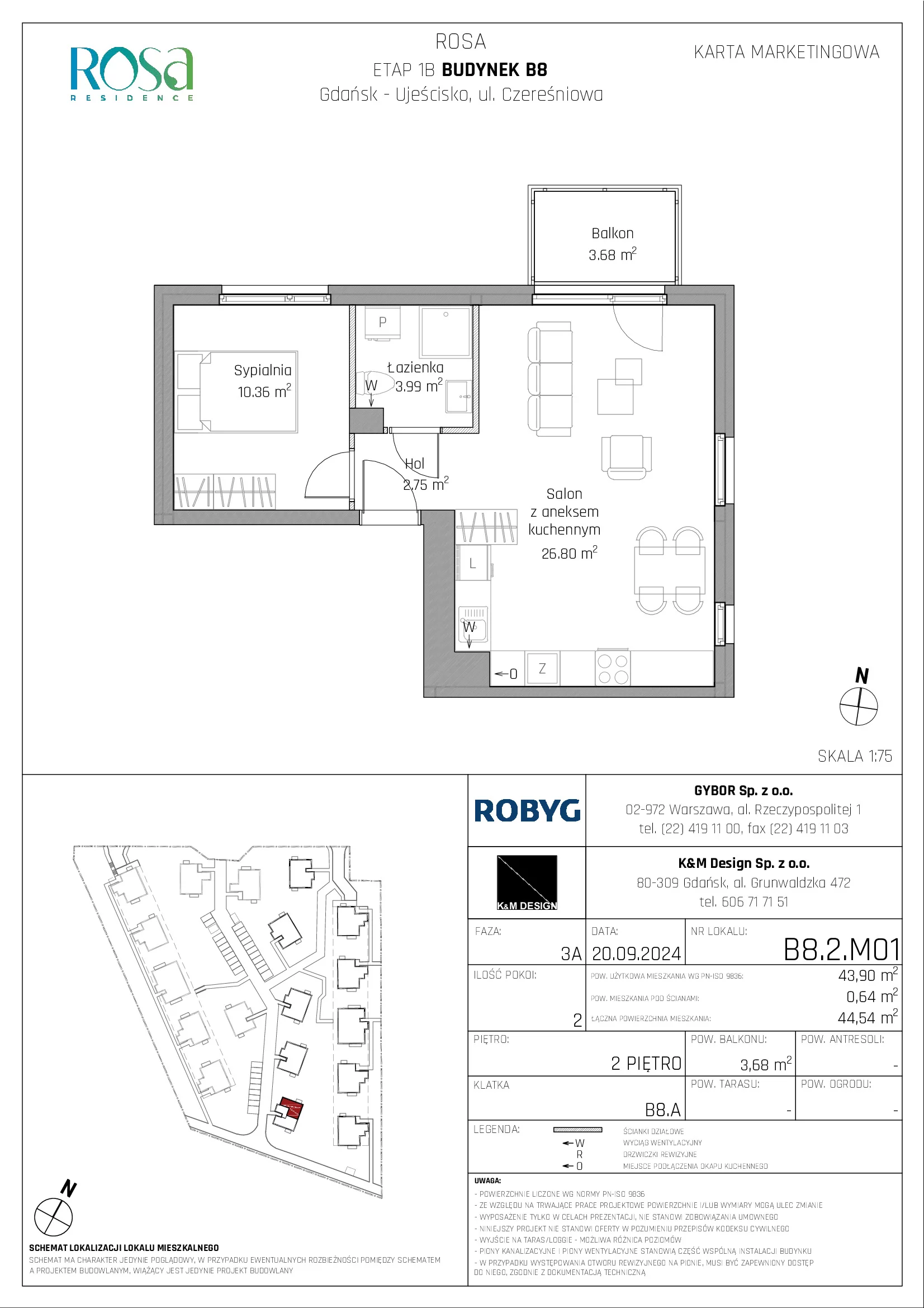 Mieszkanie 43,90 m², piętro 2, oferta nr B8.2M01, ROSA Residence, Gdańsk, Ujeścisko-Łostowice, Ujeścisko, ul. Śliwkowa