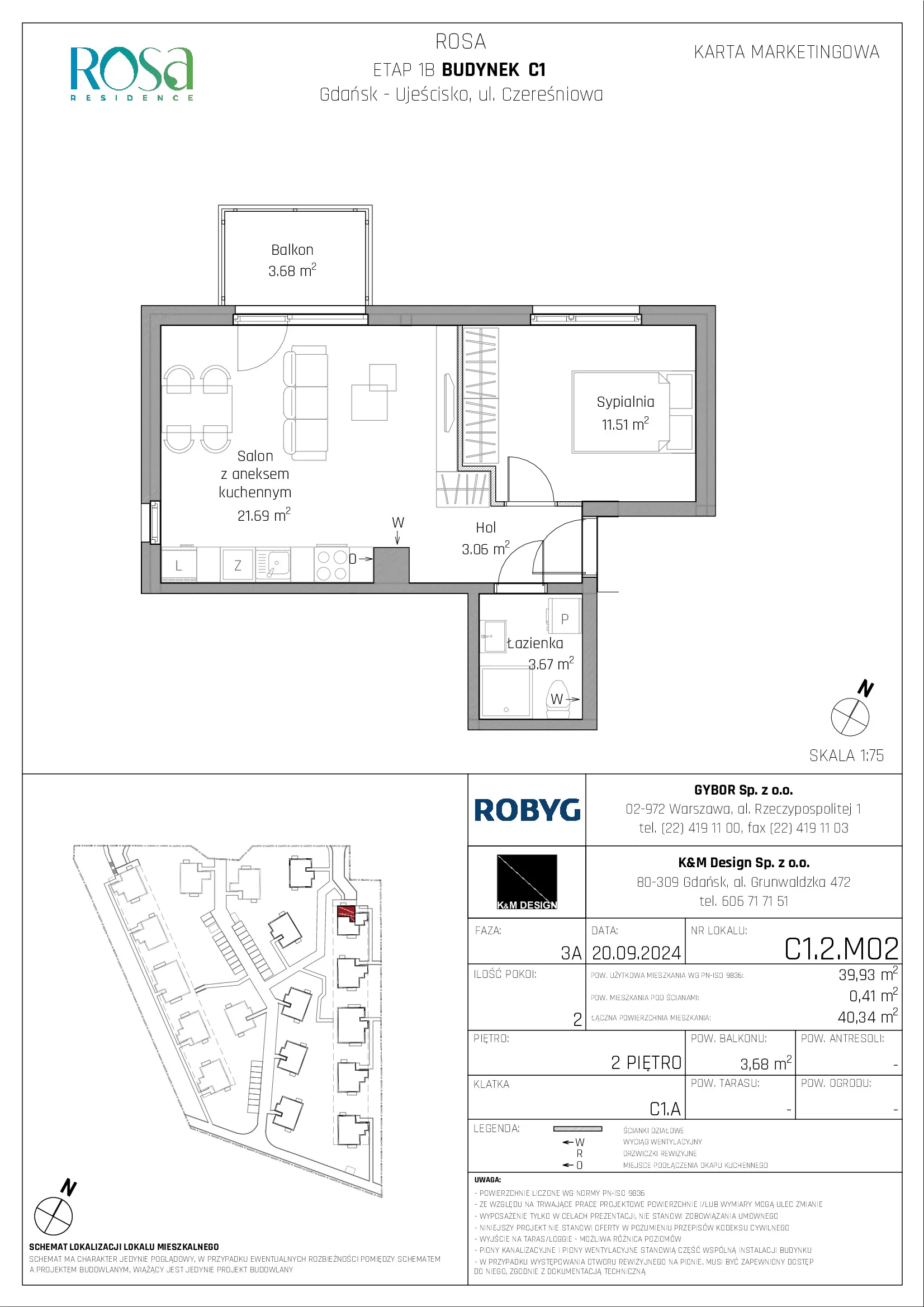 Mieszkanie 39,93 m², piętro 2, oferta nr C1.2M02, ROSA Residence, Gdańsk, Ujeścisko-Łostowice, Ujeścisko, ul. Śliwkowa