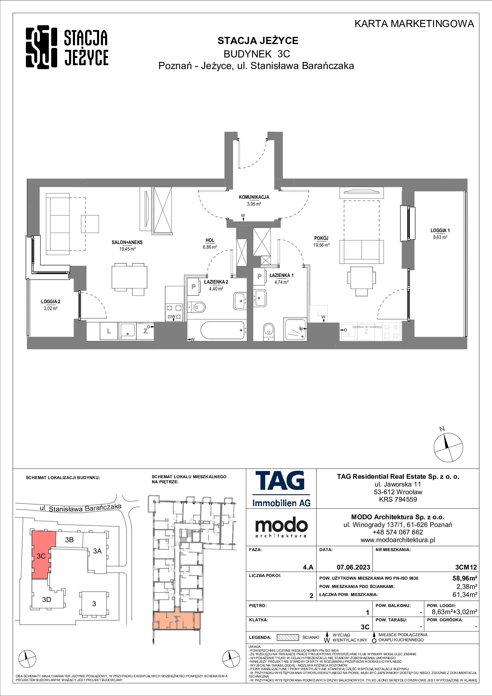 Mieszkanie 58,96 m², piętro 1, oferta nr 3CM12, Stacja Jeżyce, Poznań, Jeżyce, Jeżyce, ul. Stanisława Barańczaka 3