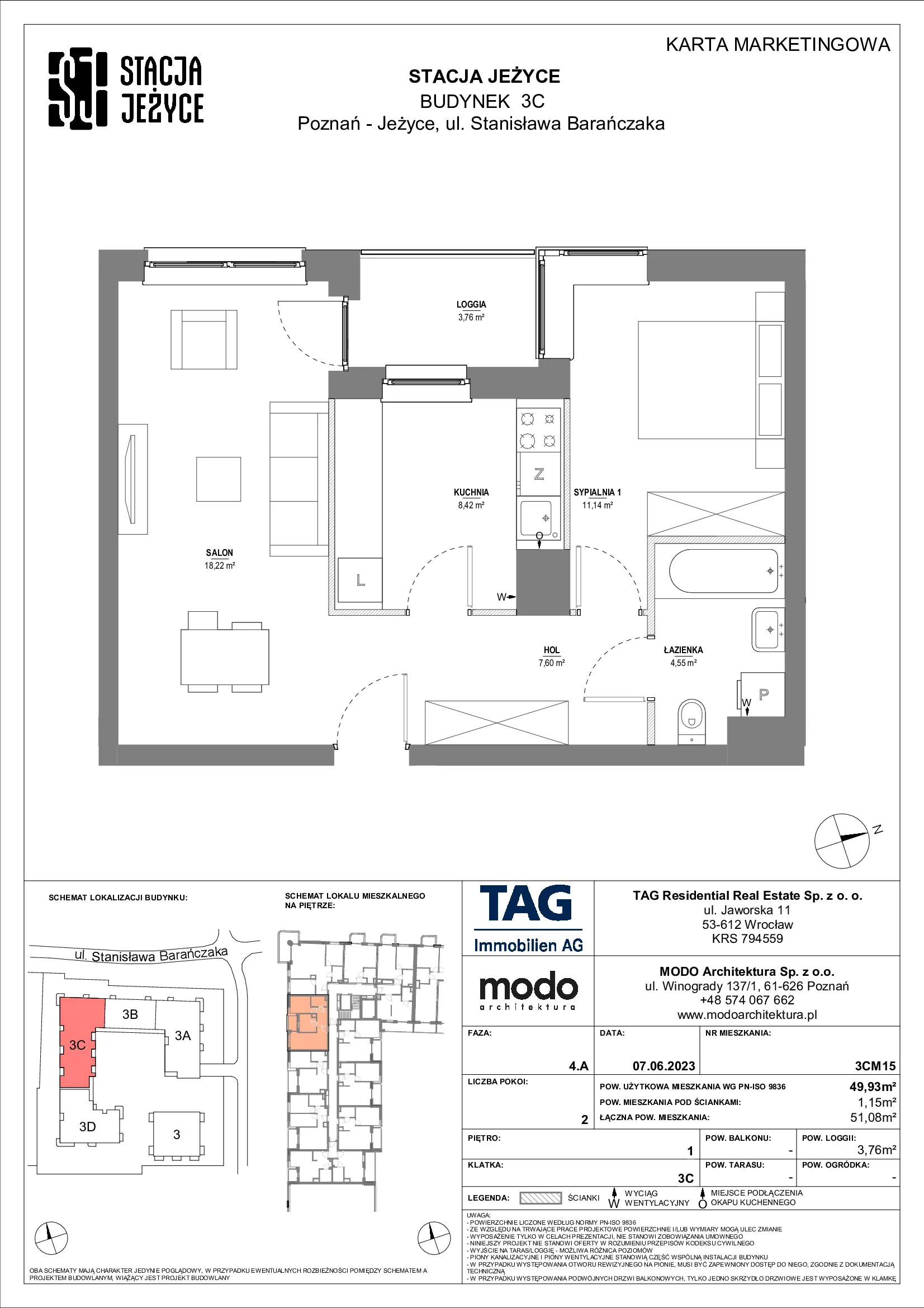 Mieszkanie 49,93 m², piętro 1, oferta nr 3CM15, Stacja Jeżyce, Poznań, Jeżyce, Jeżyce, ul. Stanisława Barańczaka 3