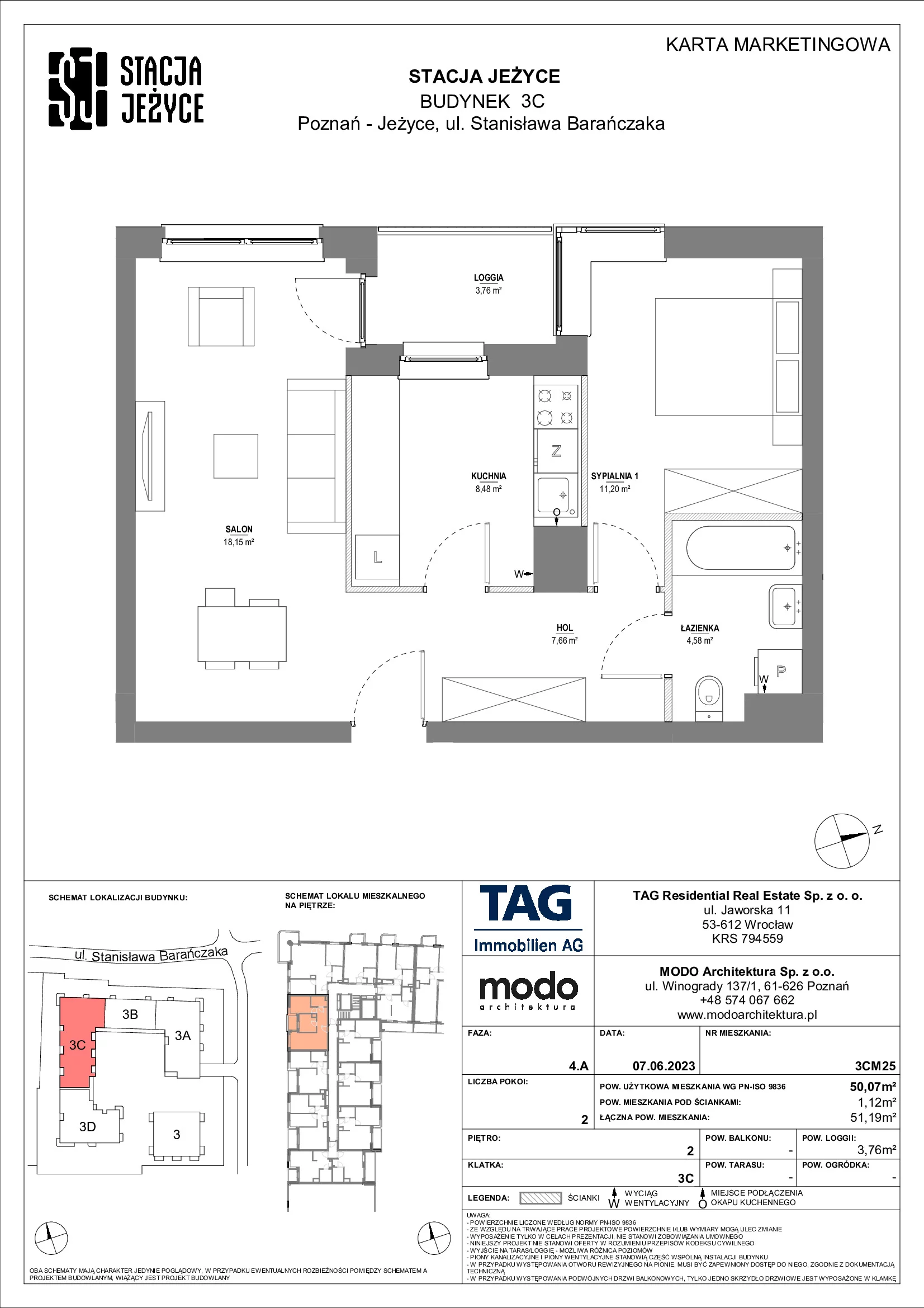 Mieszkanie 50,07 m², piętro 2, oferta nr 3CM25, Stacja Jeżyce, Poznań, Jeżyce, Jeżyce, ul. Stanisława Barańczaka 3