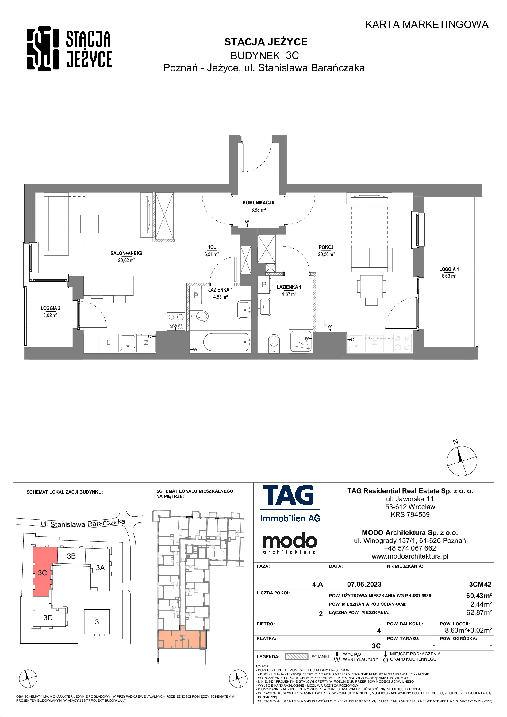 Mieszkanie 60,43 m², piętro 4, oferta nr 3CM42, Stacja Jeżyce, Poznań, Jeżyce, Jeżyce, ul. Stanisława Barańczaka 3