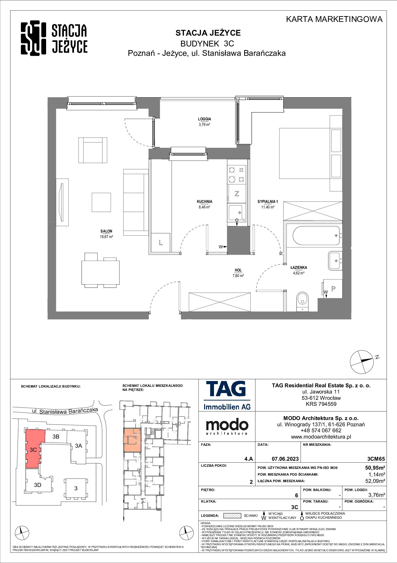 Mieszkanie 50,95 m², piętro 6, oferta nr 3CM65, Stacja Jeżyce, Poznań, Jeżyce, Jeżyce, ul. Stanisława Barańczaka 3