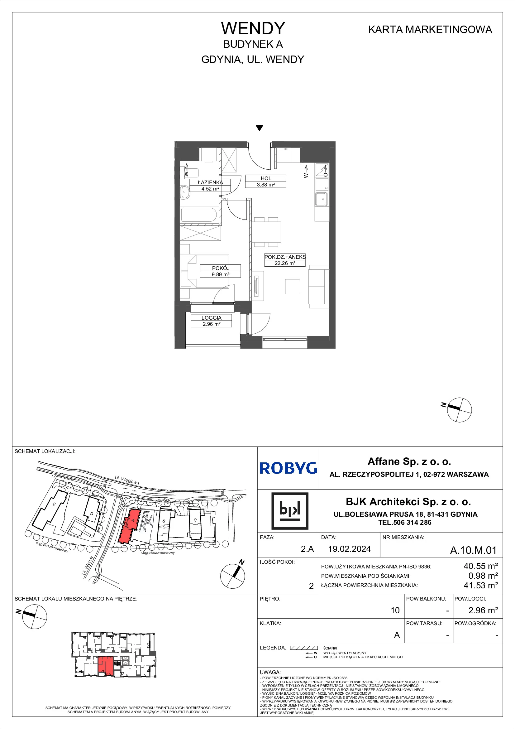 Mieszkanie 40,55 m², piętro 10, oferta nr A.10M01, WENDY, Gdynia, Śródmieście, Śródmieście, ul. Wendy 7/9