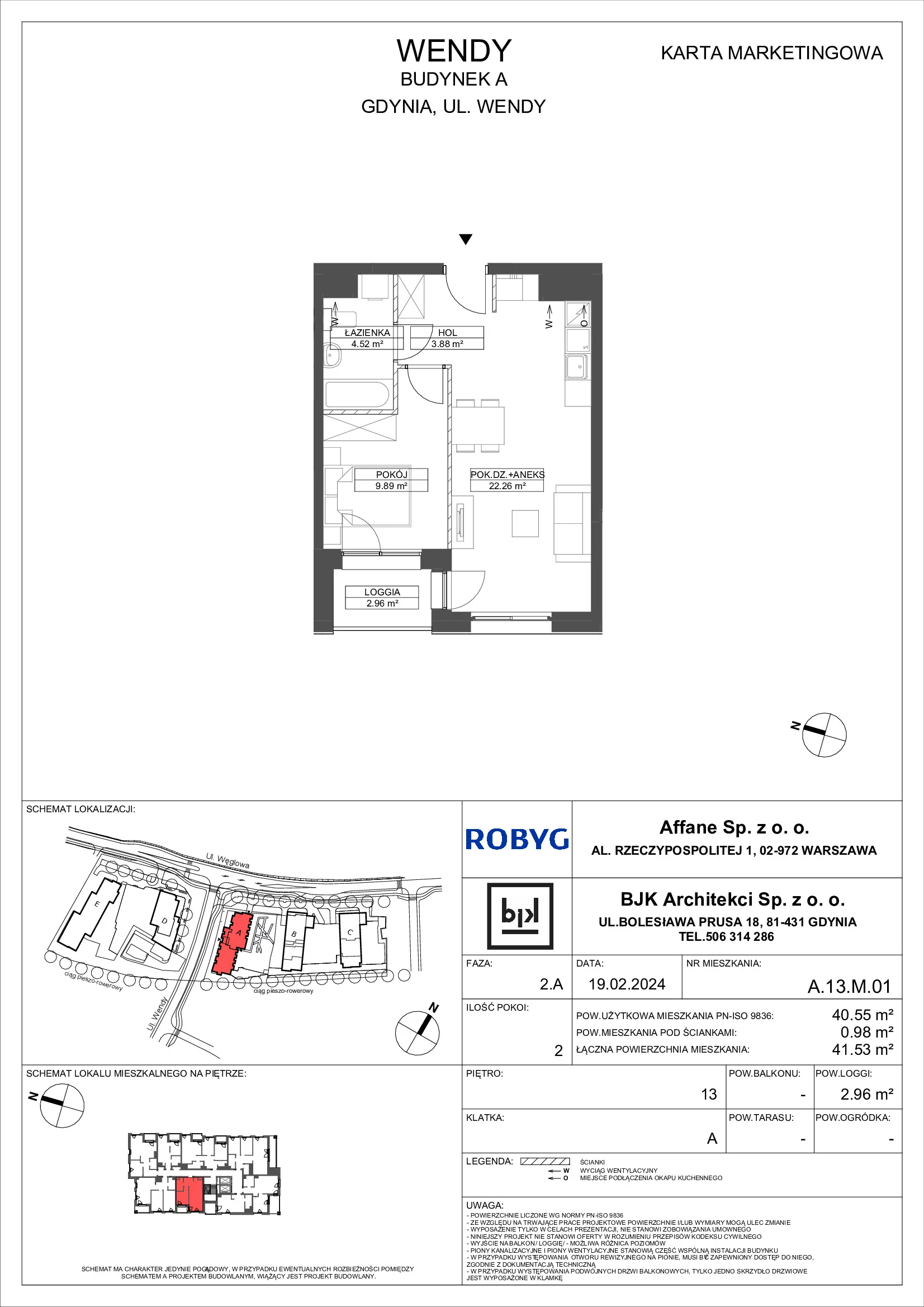 Mieszkanie 40,55 m², piętro 13, oferta nr A.13M01, WENDY, Gdynia, Śródmieście, Śródmieście, ul. Wendy 7/9