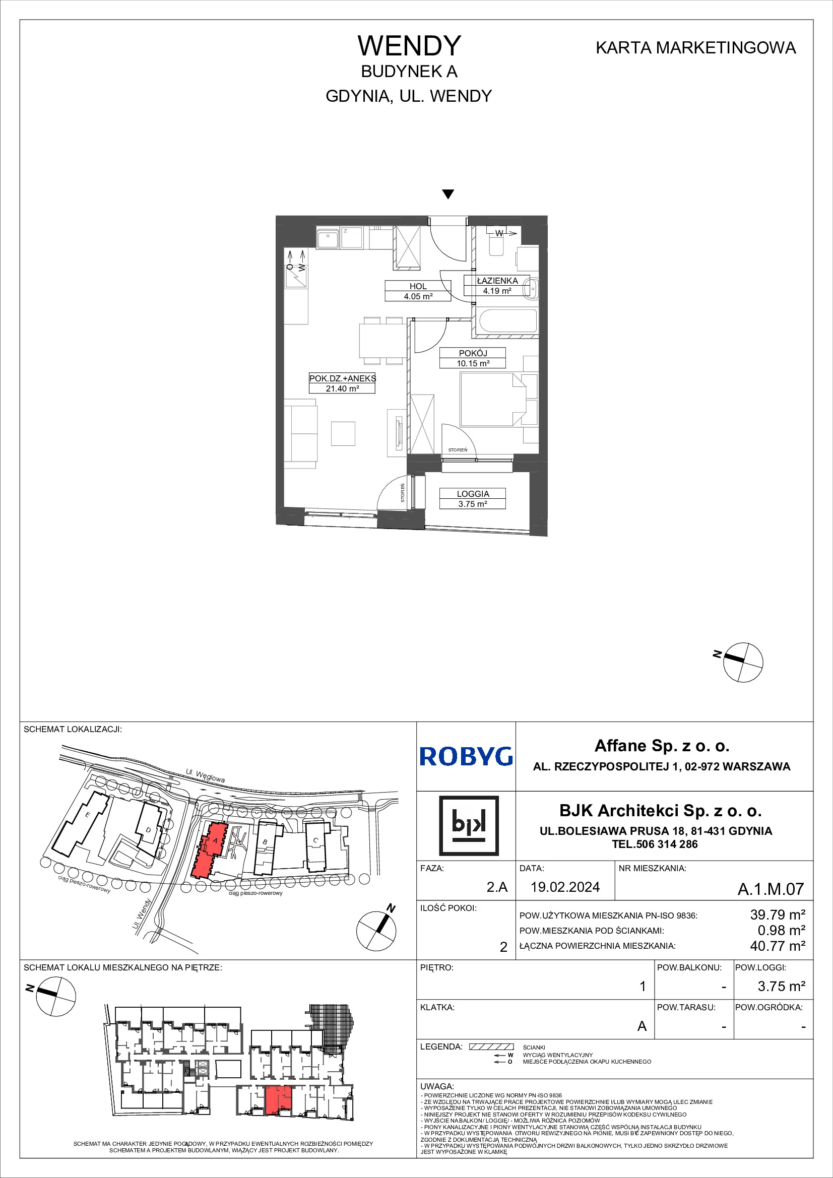 Mieszkanie 39,79 m², piętro 1, oferta nr A.1M07, WENDY, Gdynia, Śródmieście, Śródmieście, ul. Wendy 7/9