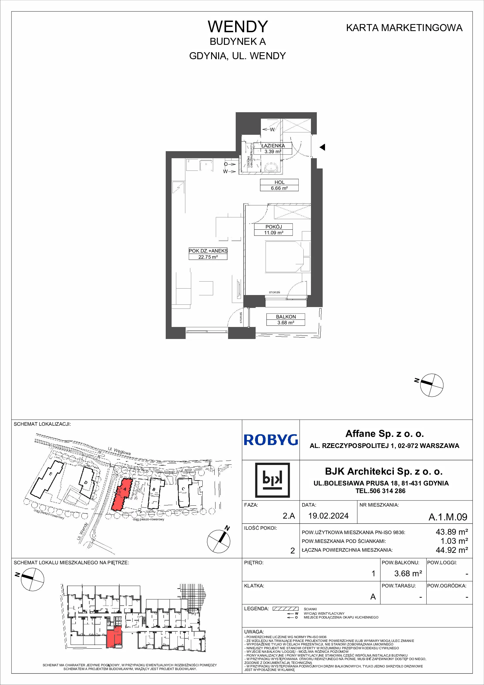 Mieszkanie 43,89 m², piętro 1, oferta nr A.1M09, WENDY, Gdynia, Śródmieście, Śródmieście, ul. Wendy 7/9