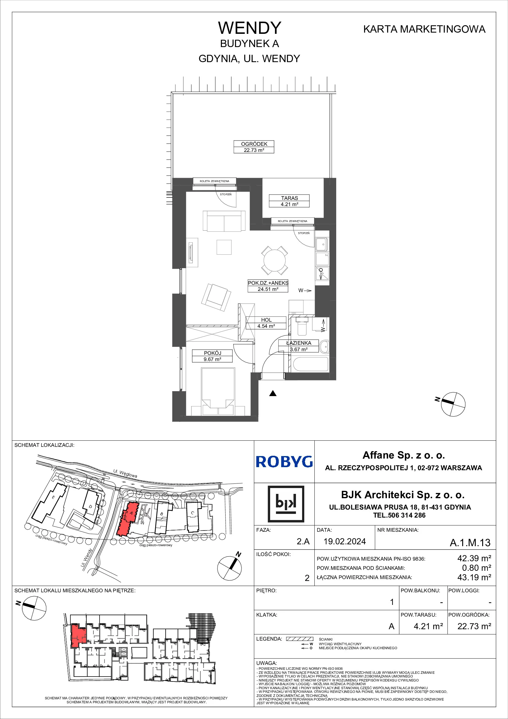 Mieszkanie 42,39 m², piętro 1, oferta nr A.1M13, WENDY, Gdynia, Śródmieście, Śródmieście, ul. Wendy 7/9