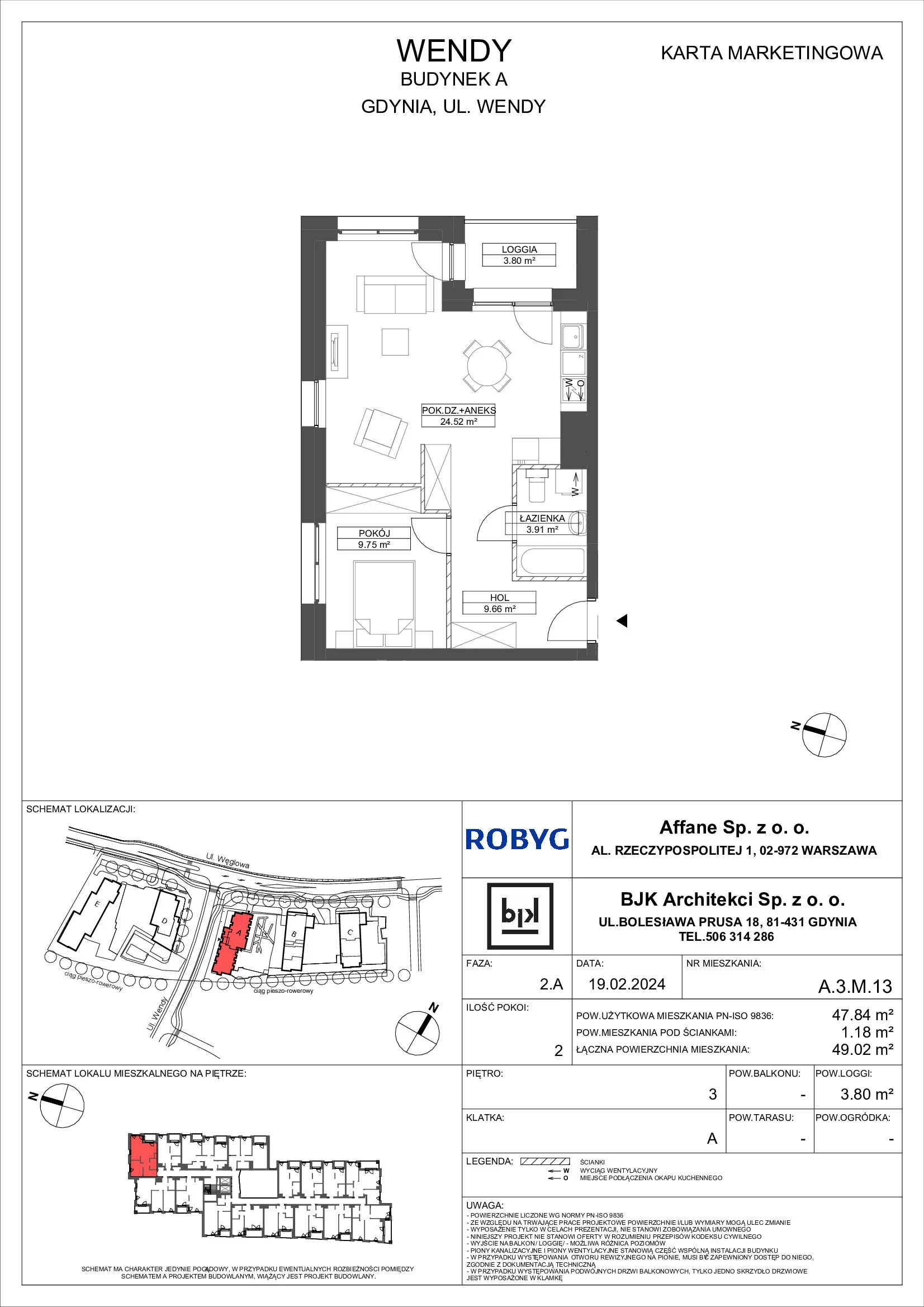 Mieszkanie 47,84 m², piętro 3, oferta nr A.3M13, WENDY, Gdynia, Śródmieście, Śródmieście, ul. Wendy 7/9