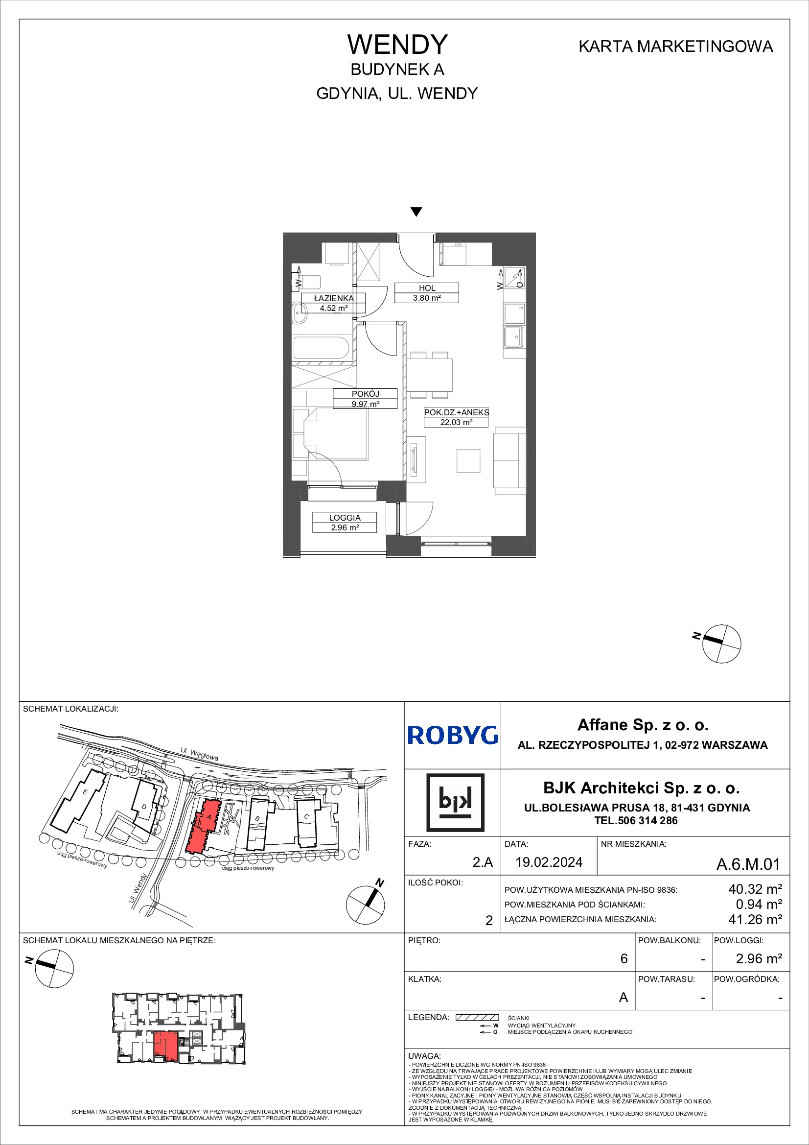 Mieszkanie 40,32 m², piętro 6, oferta nr A.6M01, WENDY, Gdynia, Śródmieście, Śródmieście, ul. Wendy 7/9