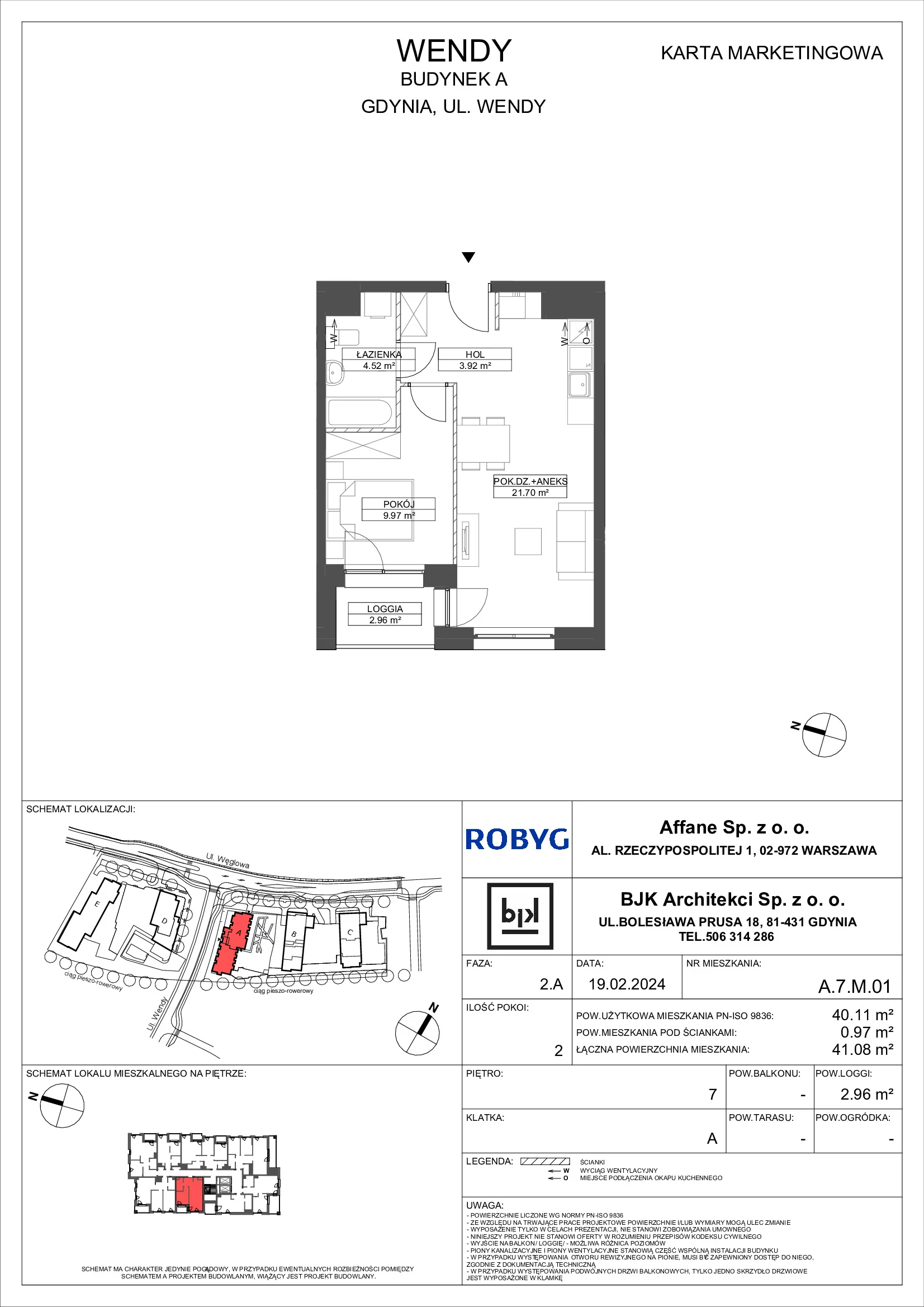 Mieszkanie 40,11 m², piętro 7, oferta nr A.7M01, WENDY, Gdynia, Śródmieście, Śródmieście, ul. Wendy 7/9