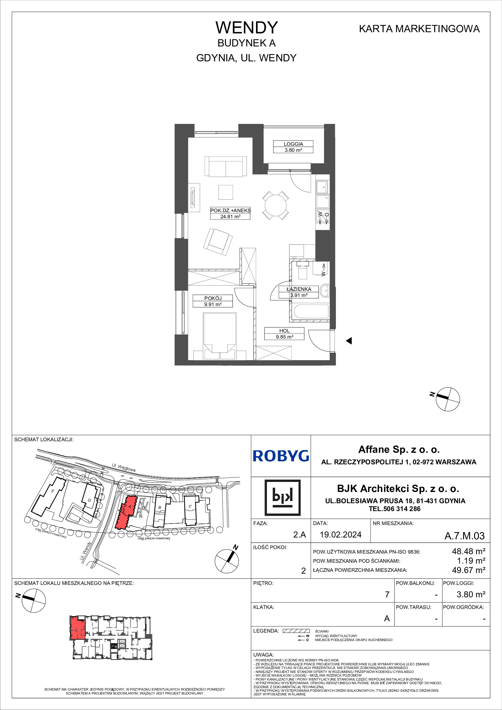 Mieszkanie 48,48 m², piętro 7, oferta nr A.7M03, WENDY, Gdynia, Śródmieście, Śródmieście, ul. Wendy 7/9