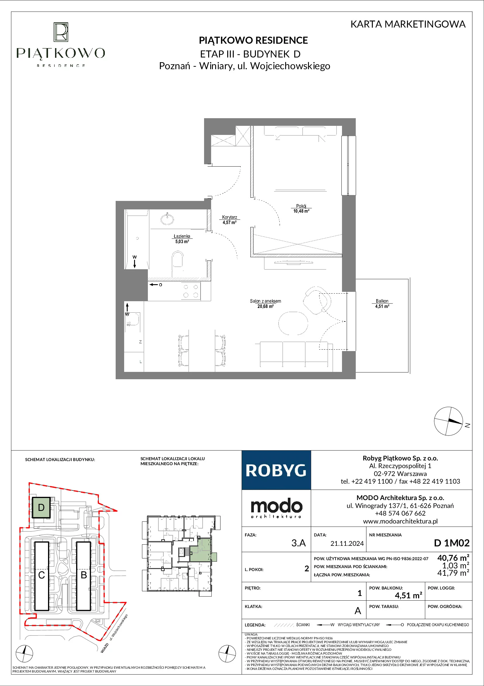 Mieszkanie 40,76 m², piętro 1, oferta nr D.1M02, Piątkowo Residence, Poznań, Piątkowo, Piątkowo, ul. Wojciechowskiego