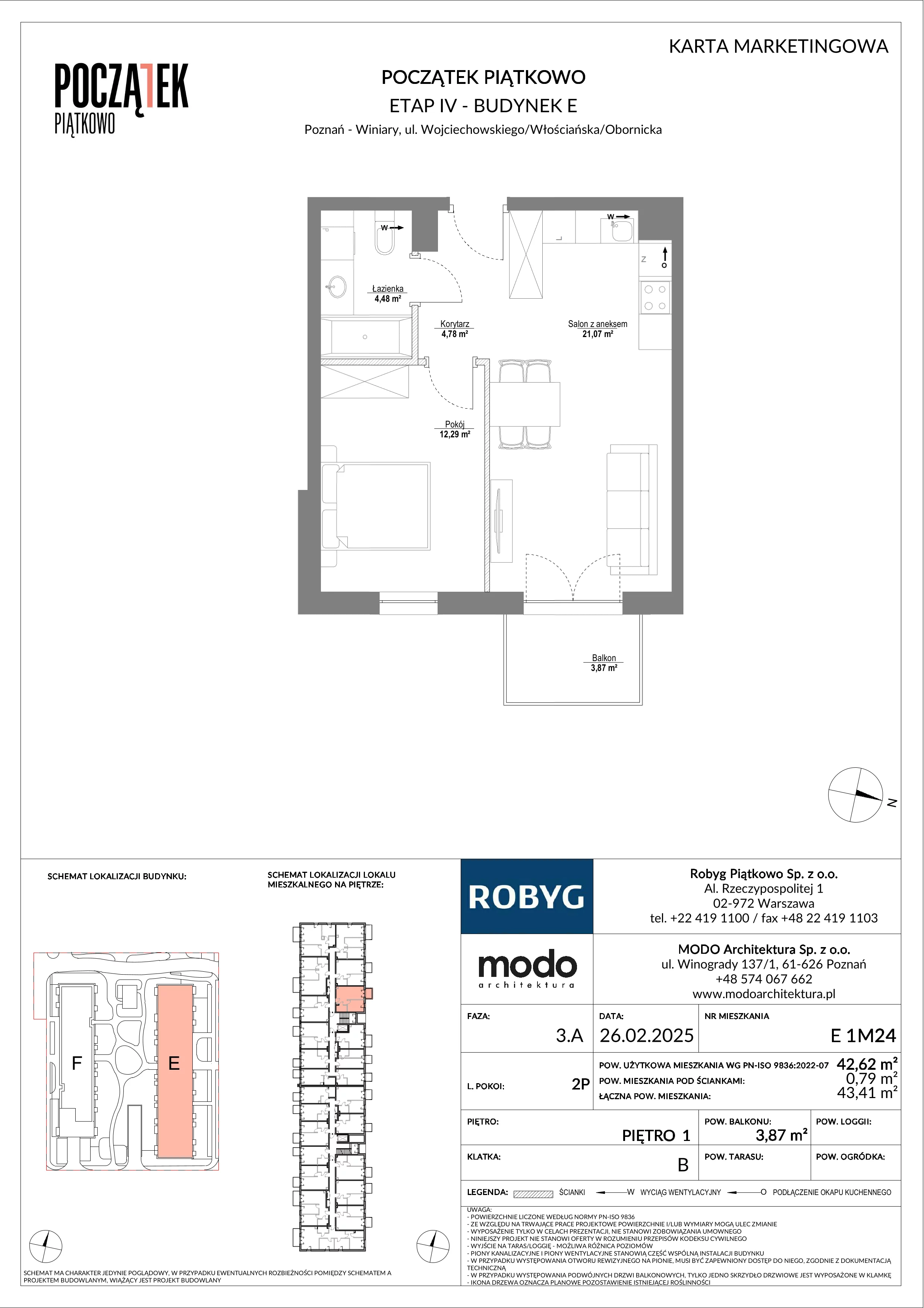 2 pokoje, mieszkanie 42,62 m², piętro 1, oferta nr E.1M24, Początek Piątkowo Budynek E, Poznań, Piątkowo, ul. Wojciechowskiego