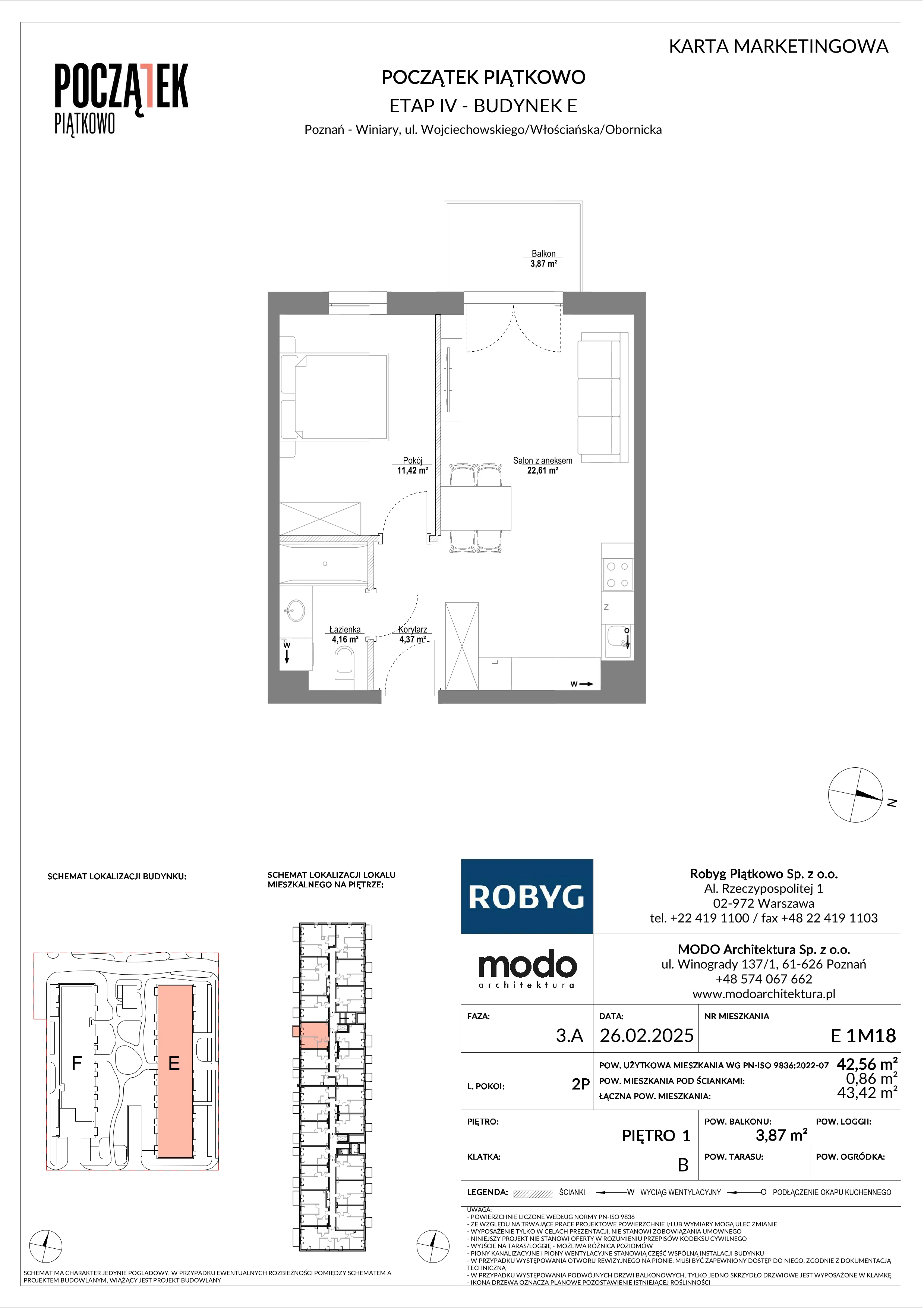 2 pokoje, mieszkanie 42,56 m², piętro 1, oferta nr E.1M18, Początek Piątkowo Budynek E, Poznań, Piątkowo, ul. Wojciechowskiego