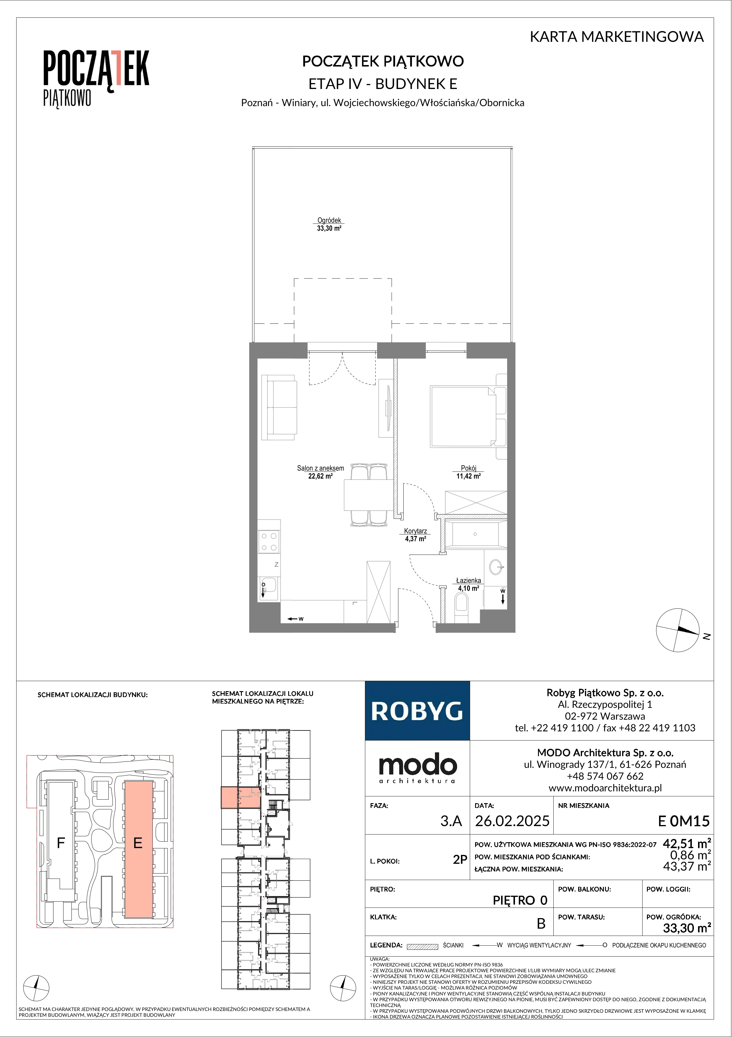 2 pokoje, mieszkanie 42,51 m², parter, oferta nr E.0M15, Początek Piątkowo Budynek E, Poznań, Piątkowo, ul. Wojciechowskiego