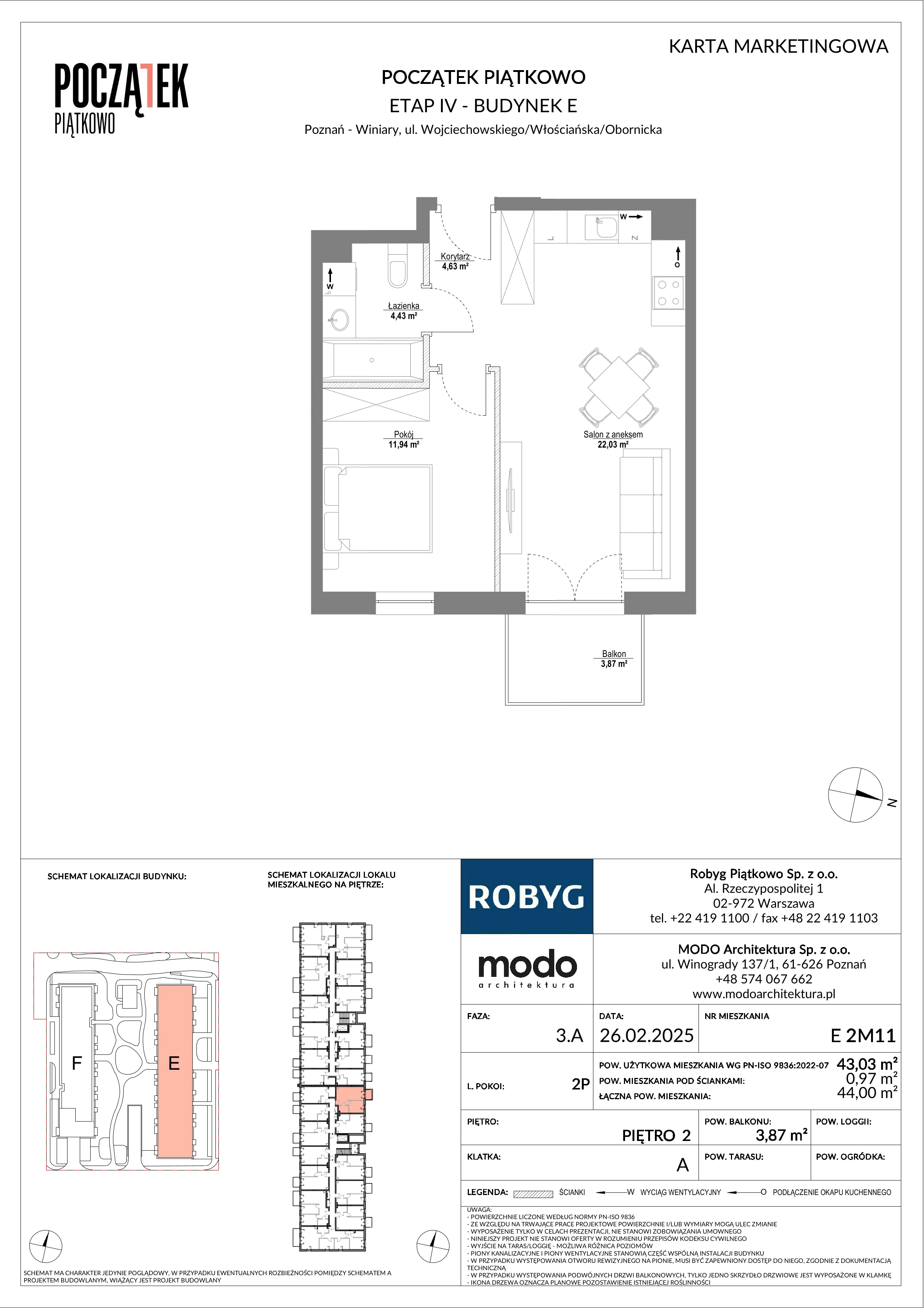 2 pokoje, mieszkanie 43,03 m², piętro 2, oferta nr E.2M11, Początek Piątkowo Budynek E, Poznań, Piątkowo, ul. Wojciechowskiego