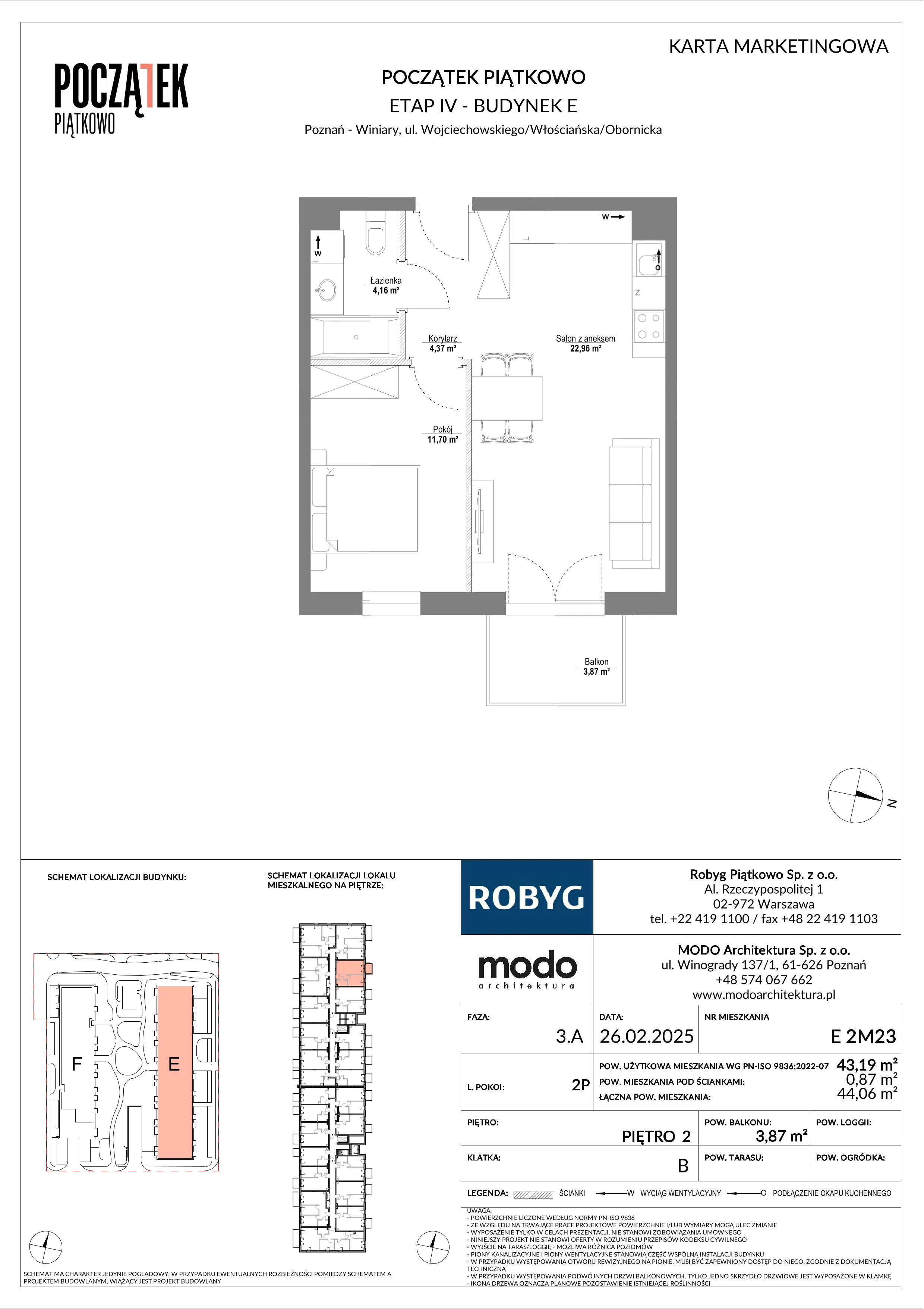 2 pokoje, mieszkanie 43,19 m², piętro 2, oferta nr E.2M23, Początek Piątkowo Budynek E, Poznań, Piątkowo, ul. Wojciechowskiego