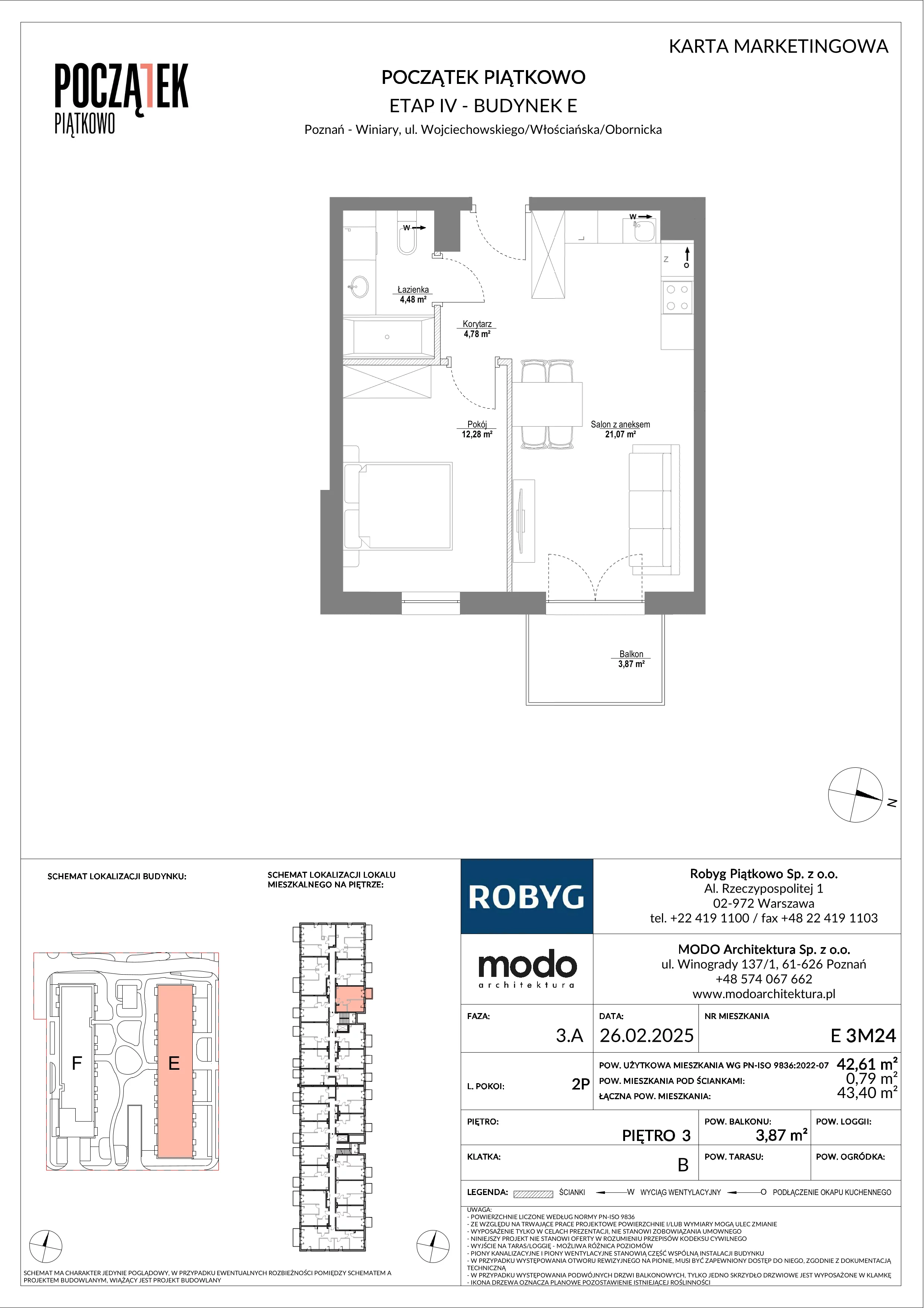 2 pokoje, mieszkanie 42,61 m², piętro 3, oferta nr E.3M24, Początek Piątkowo Budynek E, Poznań, Piątkowo, ul. Wojciechowskiego