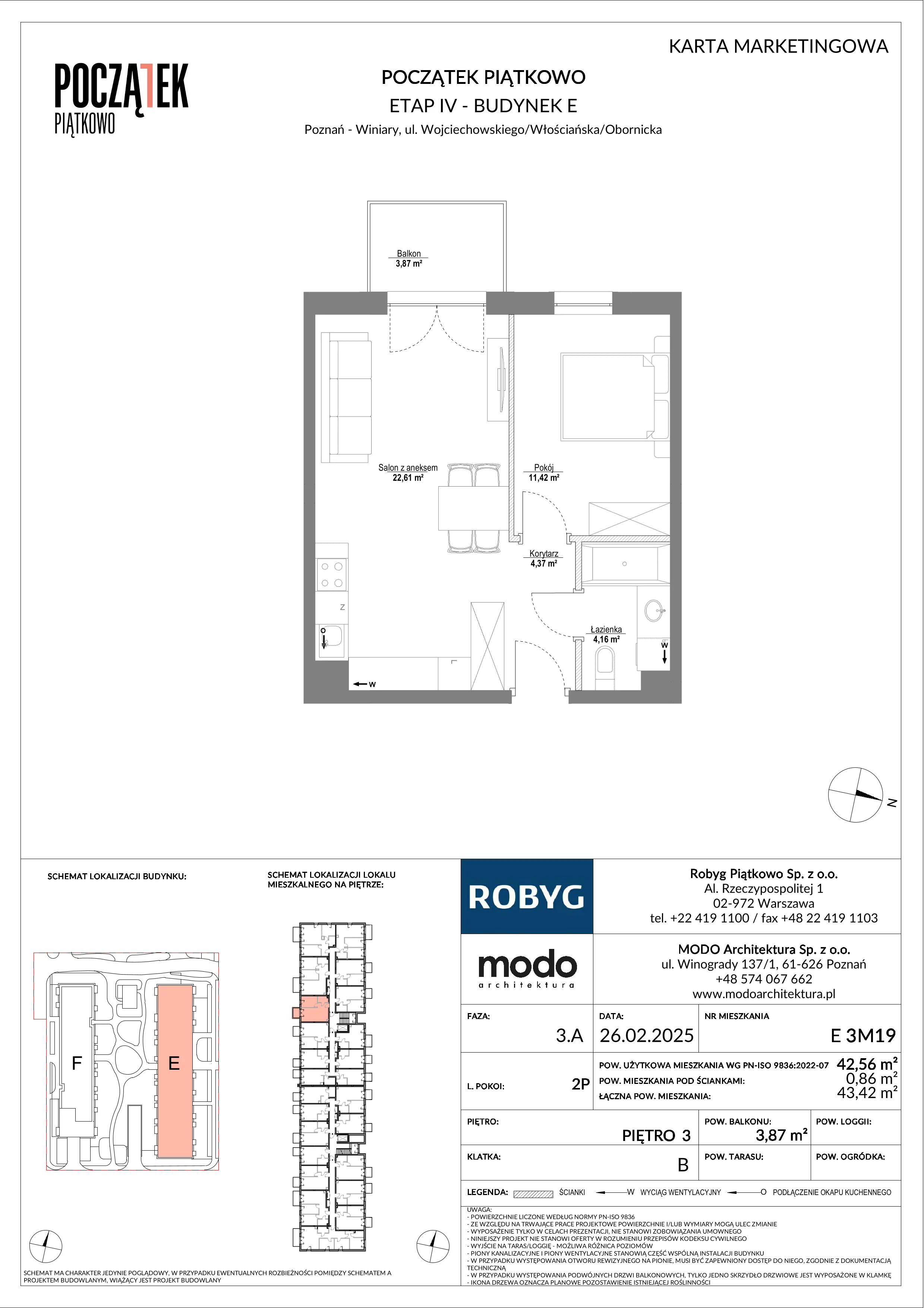 2 pokoje, mieszkanie 42,56 m², piętro 3, oferta nr E.3M19, Początek Piątkowo Budynek E, Poznań, Piątkowo, ul. Wojciechowskiego