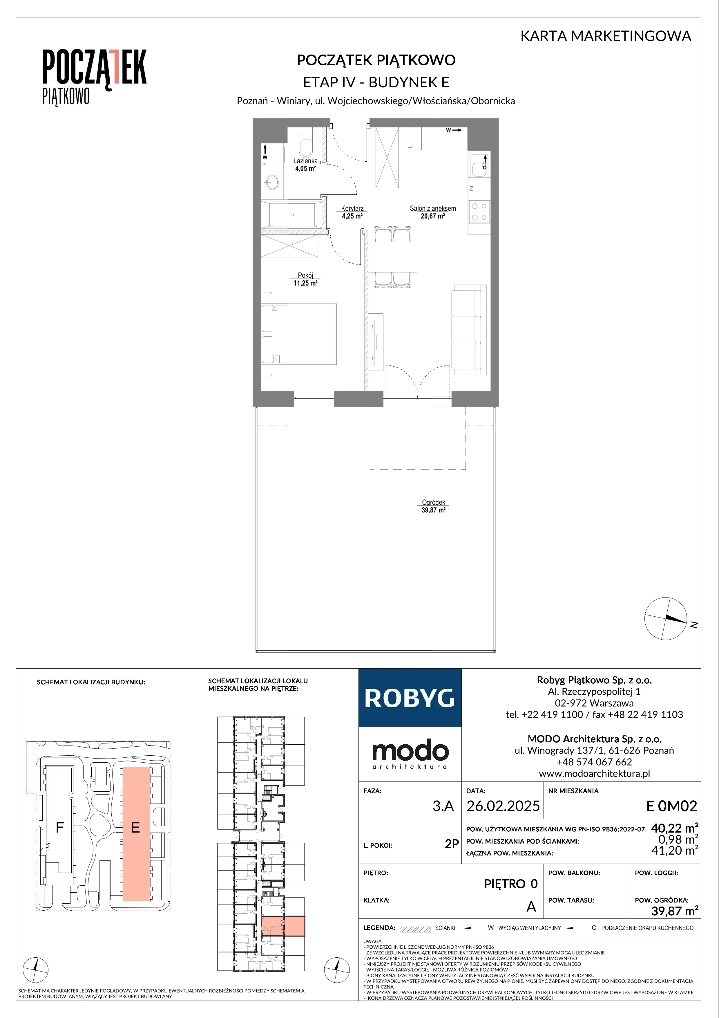 2 pokoje, mieszkanie 40,22 m², parter, oferta nr E.0M02, Początek Piątkowo Budynek E, Poznań, Piątkowo, ul. Wojciechowskiego