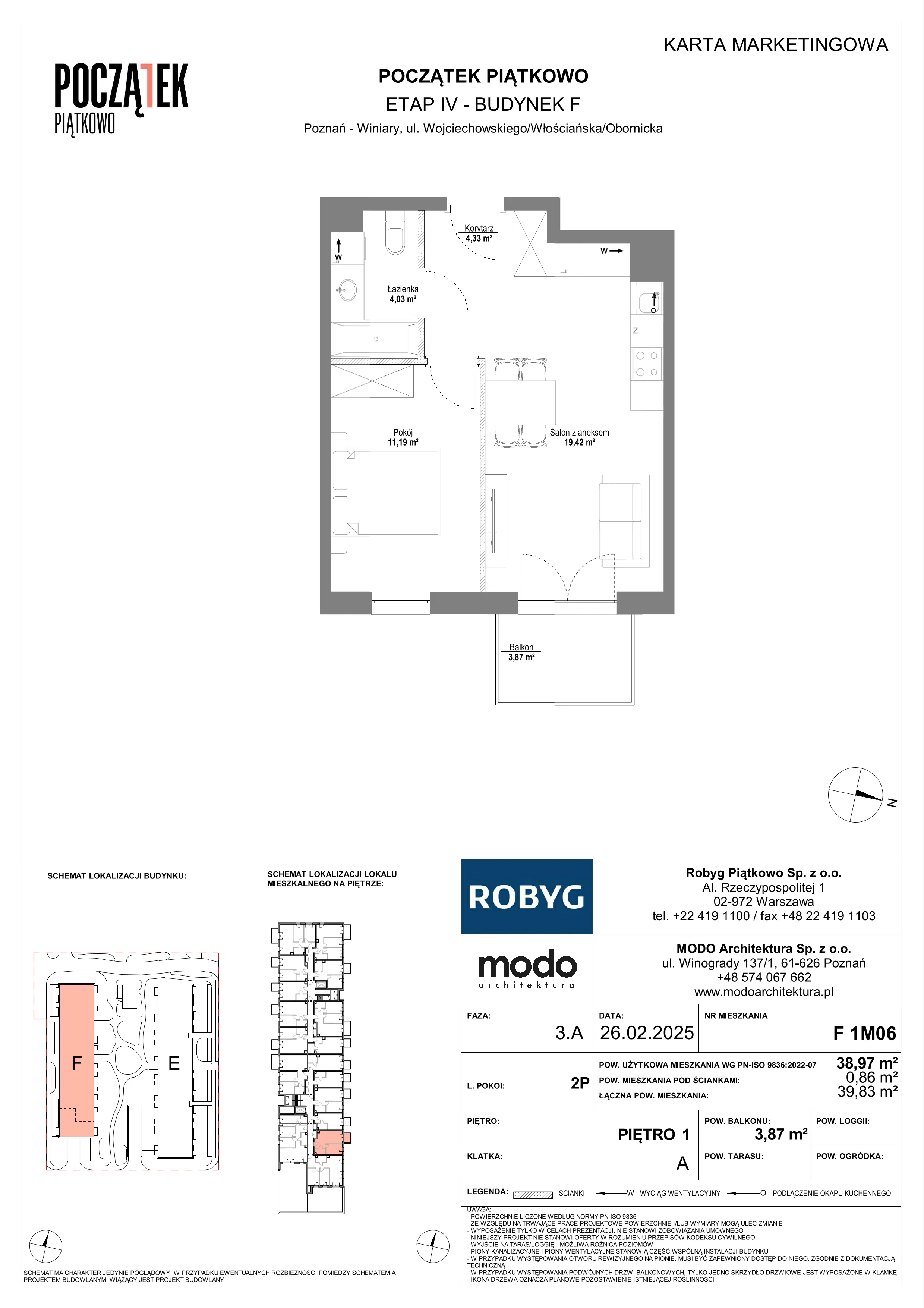 2 pokoje, mieszkanie 38,97 m², piętro 1, oferta nr F.1M06, Początek Piątkowo Budynek F, Poznań, Piątkowo, ul. Wojciechowskiego