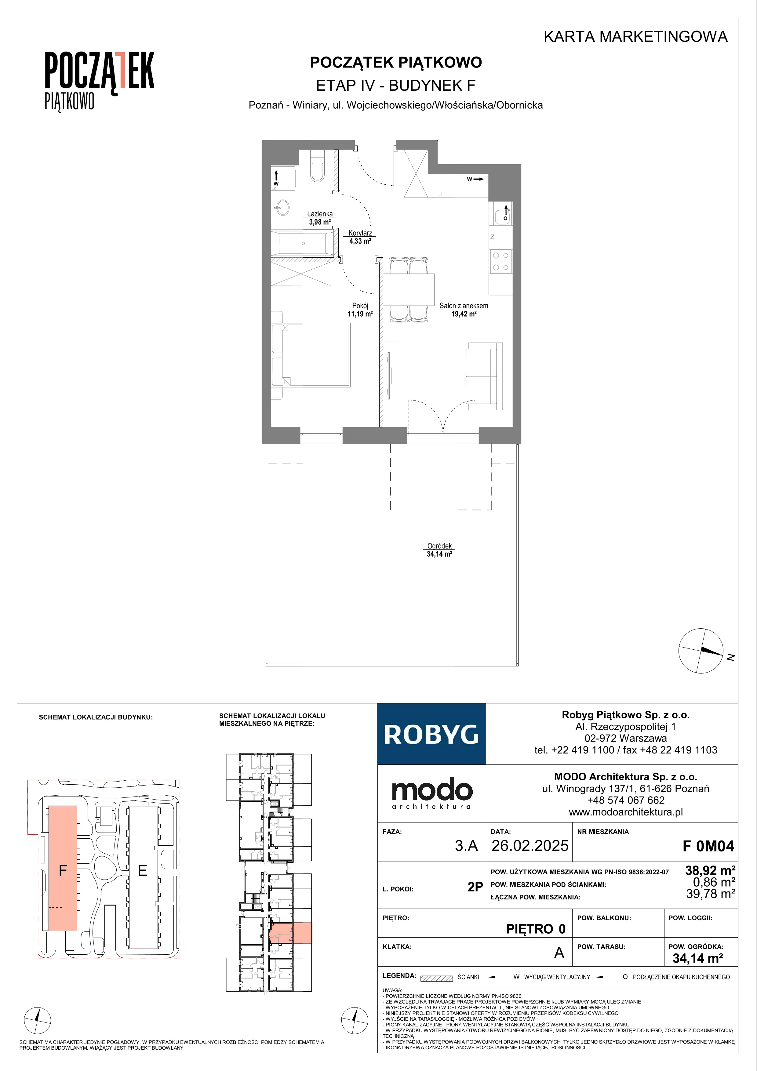 2 pokoje, mieszkanie 38,92 m², parter, oferta nr F.0M04, Początek Piątkowo Budynek F, Poznań, Piątkowo, ul. Wojciechowskiego