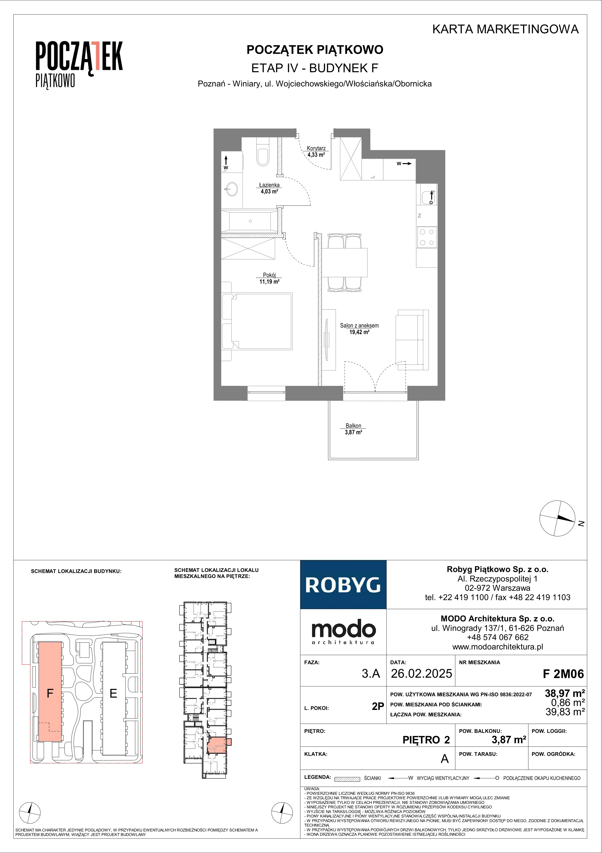 2 pokoje, mieszkanie 38,97 m², piętro 2, oferta nr F.2M06, Początek Piątkowo Budynek F, Poznań, Piątkowo, ul. Wojciechowskiego