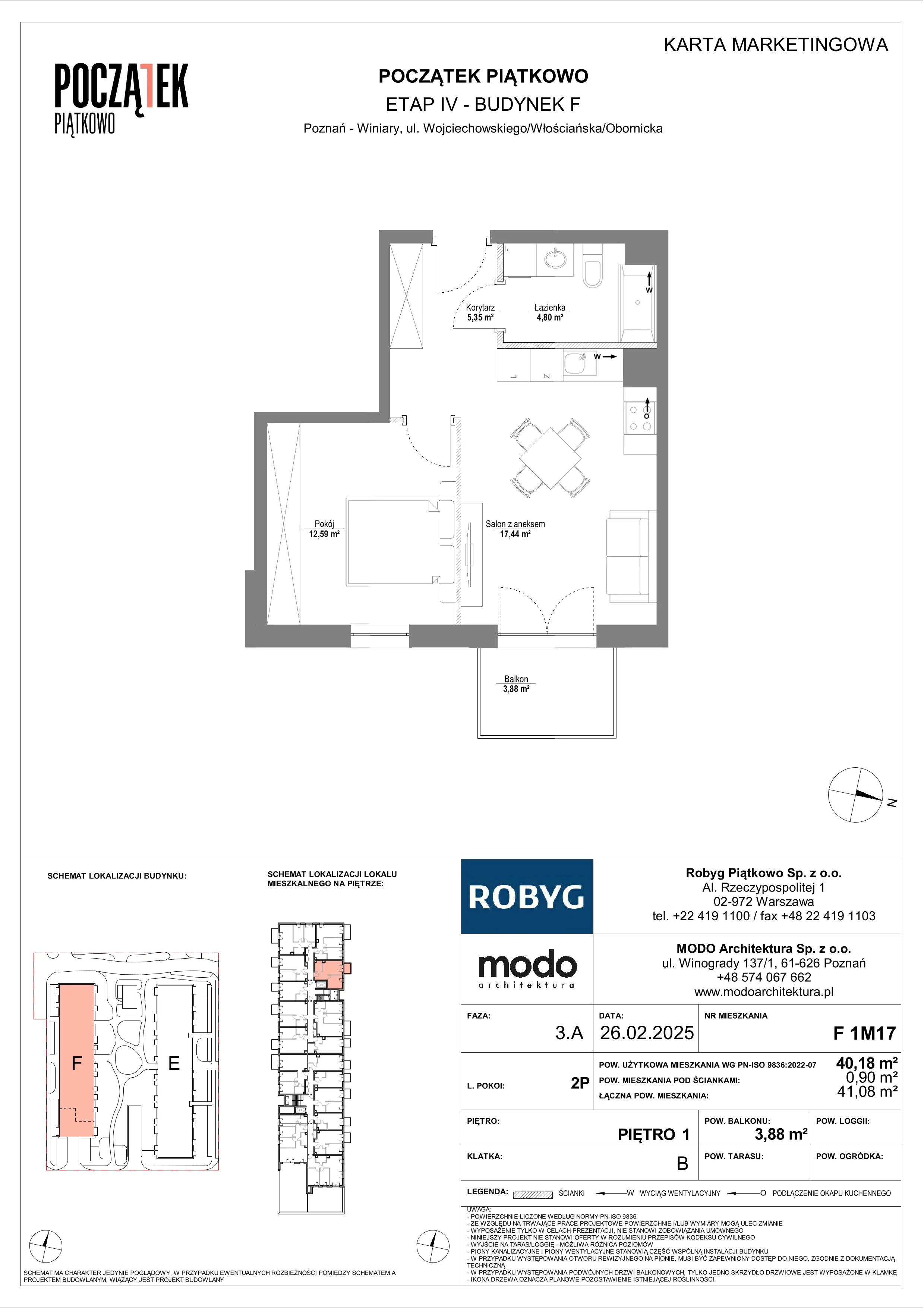 2 pokoje, mieszkanie 40,18 m², piętro 1, oferta nr F.1M17, Początek Piątkowo Budynek F, Poznań, Piątkowo, ul. Wojciechowskiego