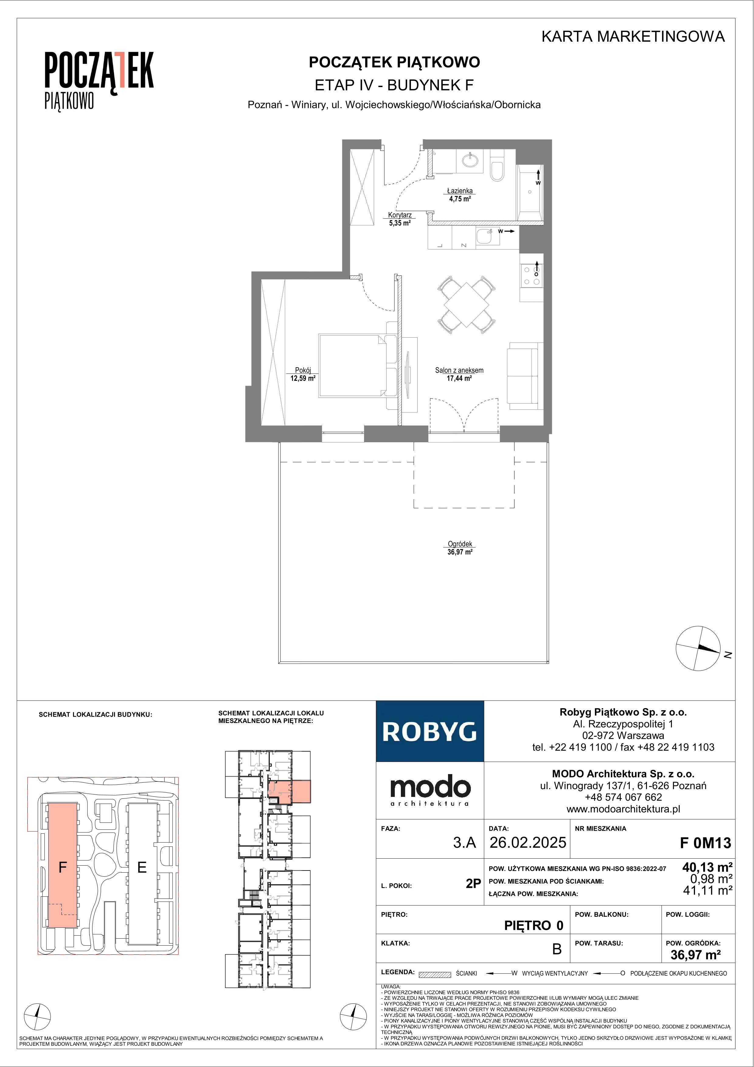 2 pokoje, mieszkanie 40,13 m², parter, oferta nr F.0M13, Początek Piątkowo Budynek F, Poznań, Piątkowo, ul. Wojciechowskiego