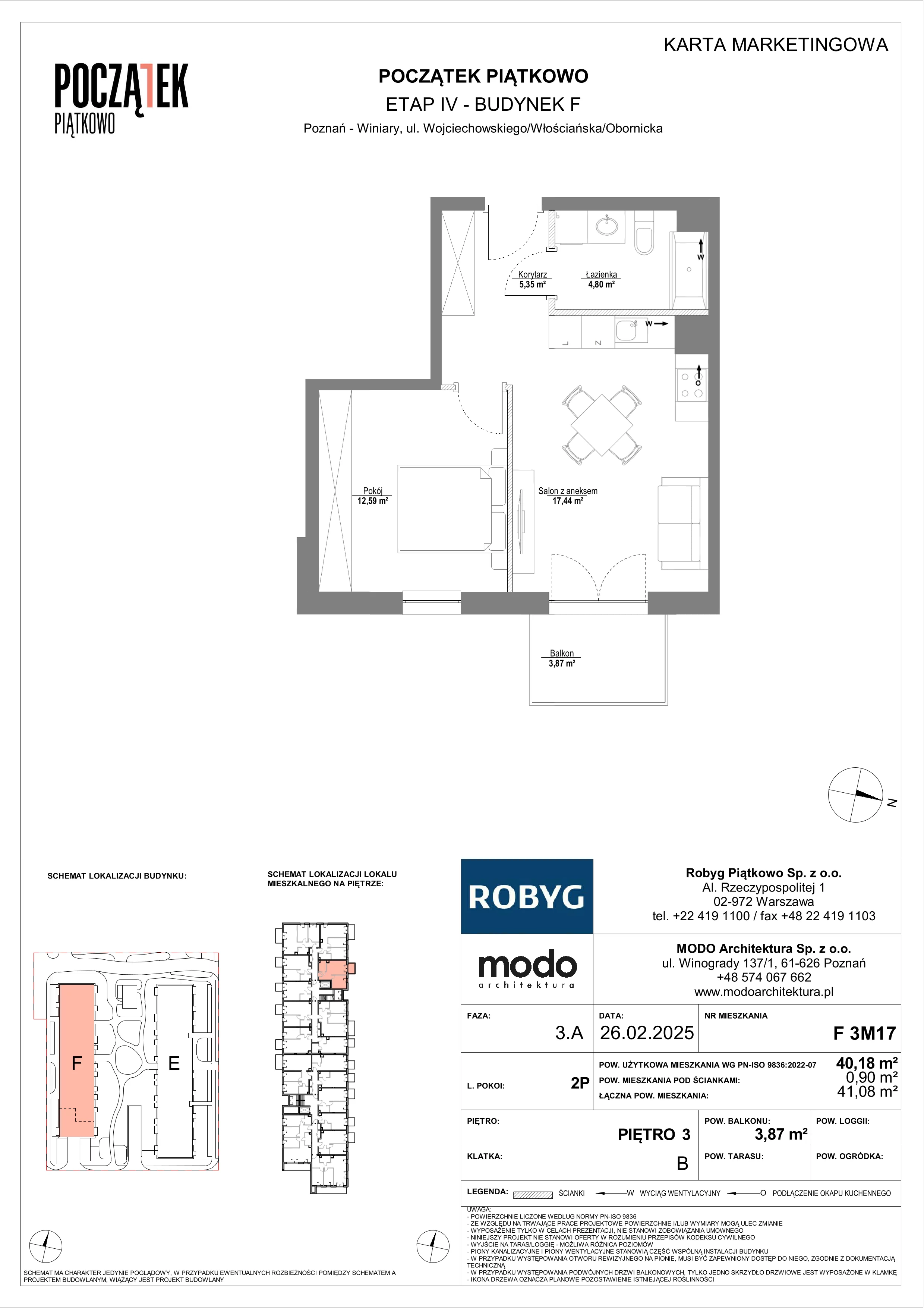 2 pokoje, mieszkanie 40,18 m², piętro 3, oferta nr F.3M17, Początek Piątkowo Budynek F, Poznań, Piątkowo, ul. Wojciechowskiego