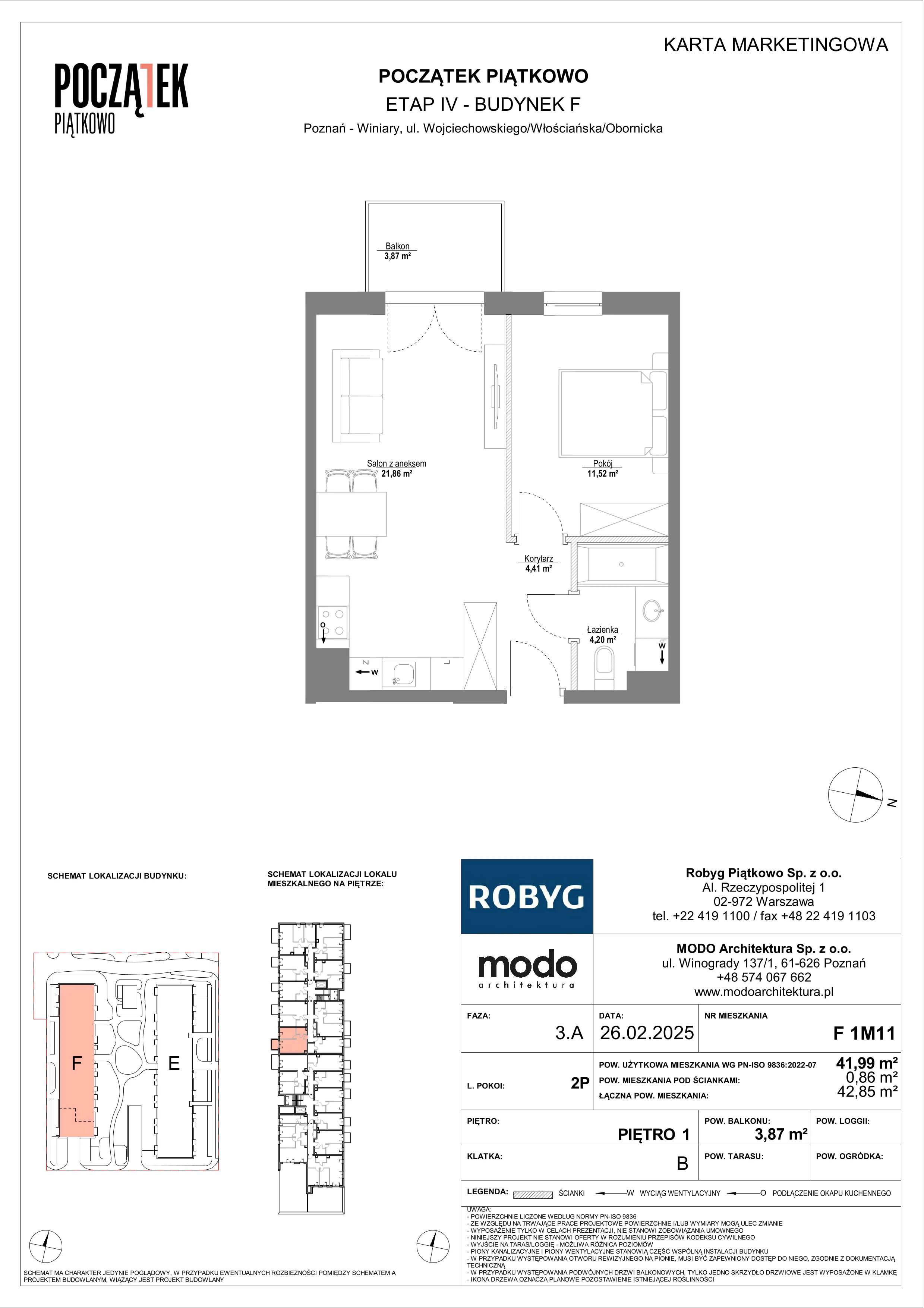 2 pokoje, mieszkanie 41,99 m², piętro 1, oferta nr F.1M11, Początek Piątkowo Budynek F, Poznań, Piątkowo, ul. Wojciechowskiego