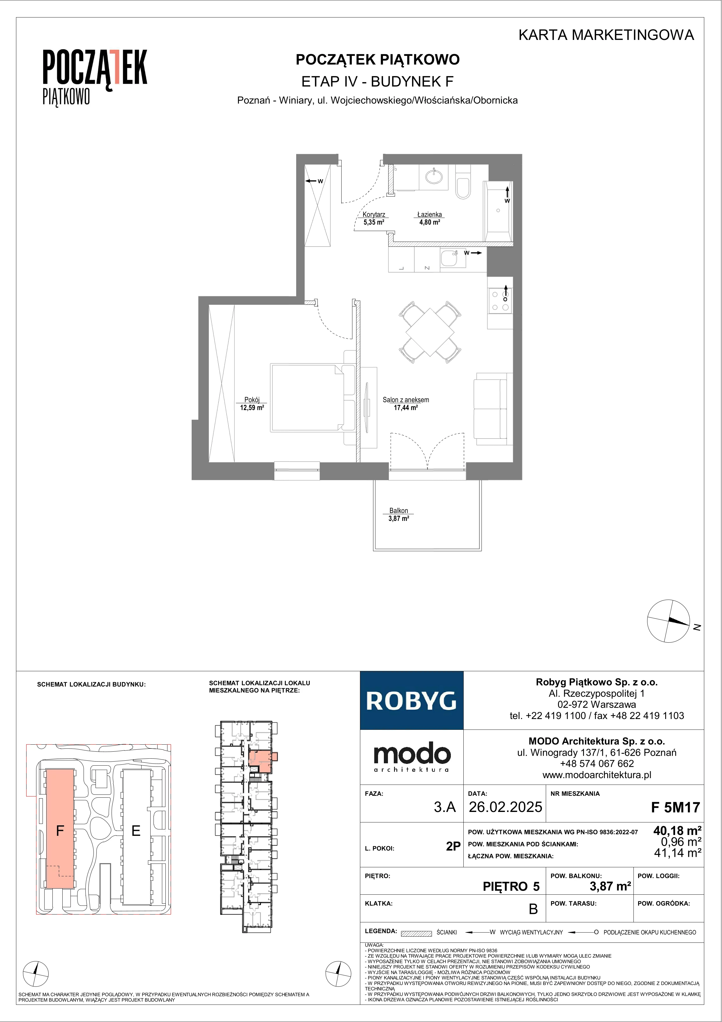 2 pokoje, mieszkanie 40,18 m², piętro 5, oferta nr F.5M17, Początek Piątkowo Budynek F, Poznań, Piątkowo, ul. Wojciechowskiego