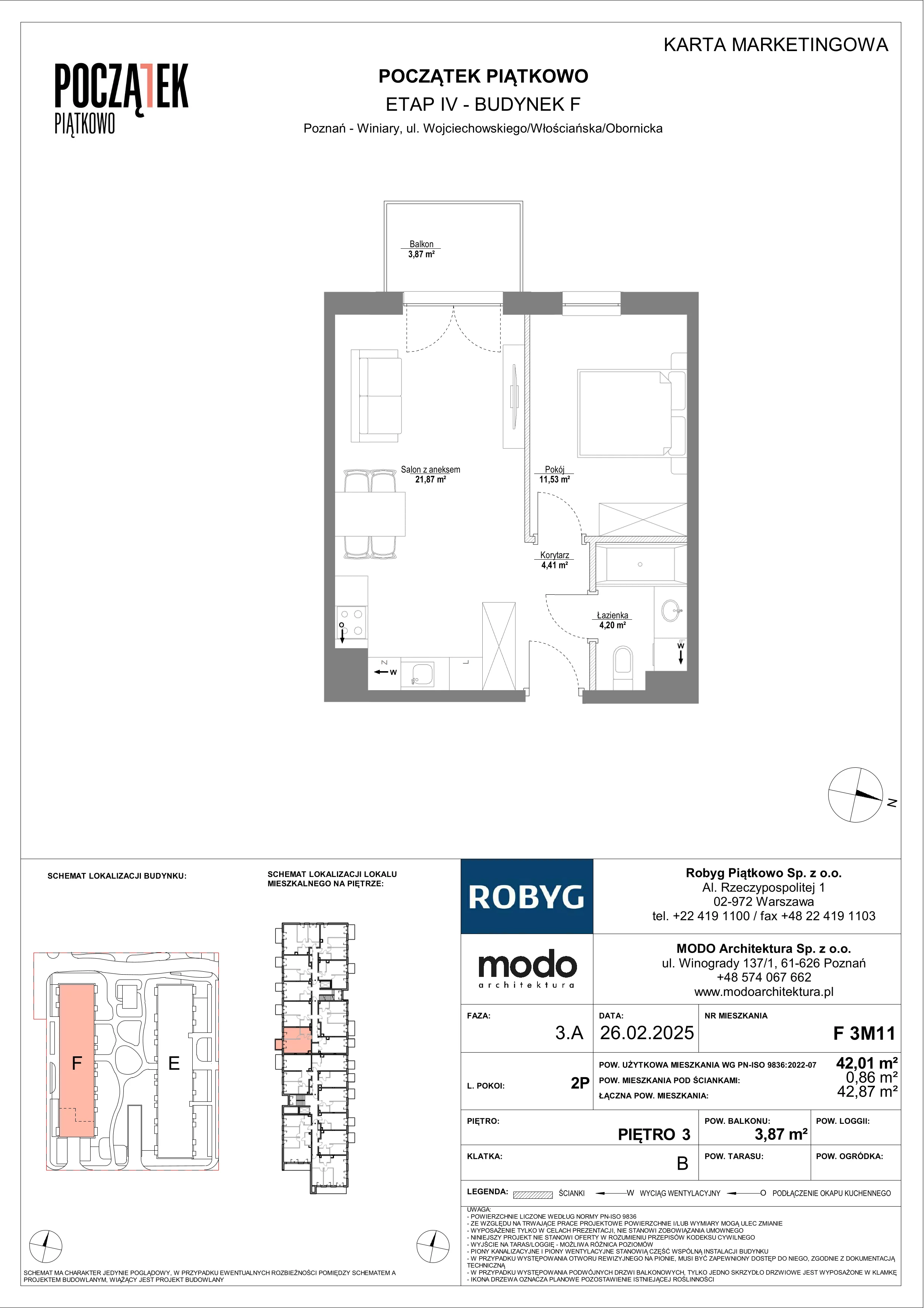 2 pokoje, mieszkanie 42,01 m², piętro 3, oferta nr F.3M11, Początek Piątkowo Budynek F, Poznań, Piątkowo, ul. Wojciechowskiego