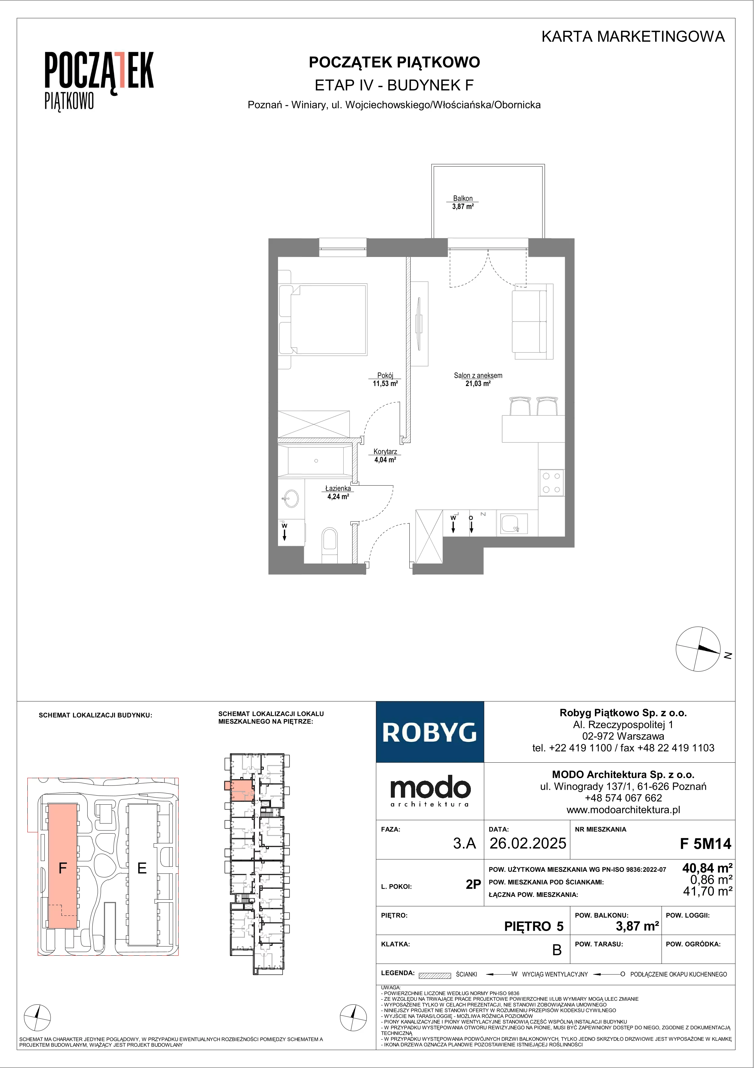 2 pokoje, mieszkanie 40,84 m², piętro 5, oferta nr F.5M14, Początek Piątkowo Budynek F, Poznań, Piątkowo, ul. Wojciechowskiego
