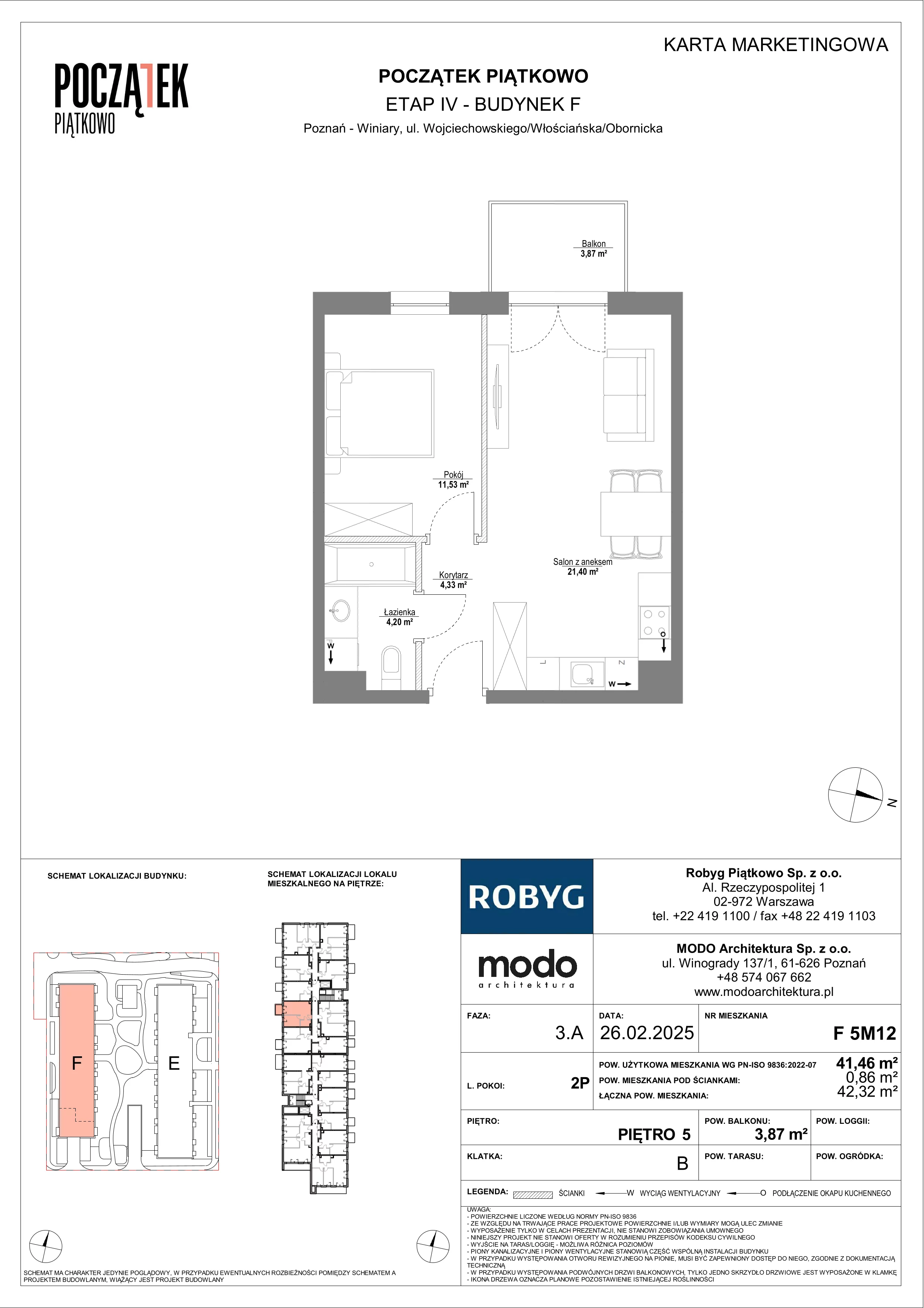2 pokoje, mieszkanie 41,46 m², piętro 5, oferta nr F.5M12, Początek Piątkowo Budynek F, Poznań, Piątkowo, ul. Wojciechowskiego