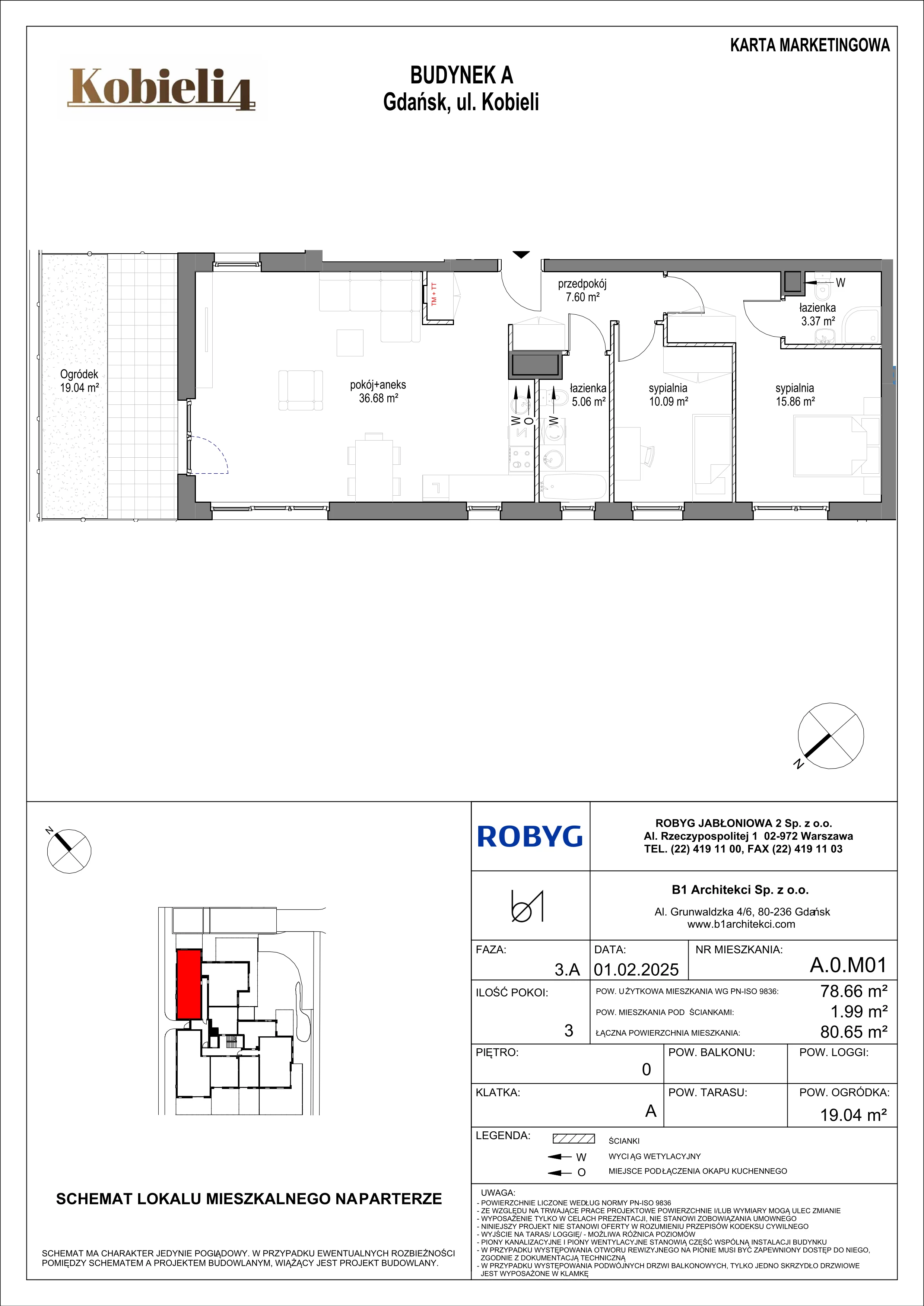 3 pokoje, mieszkanie 78,66 m², parter, oferta nr A.0M01, KOBIELI 4, Gdańsk, Brzeźno, ul. Bogumiła Kobieli / Gdańska