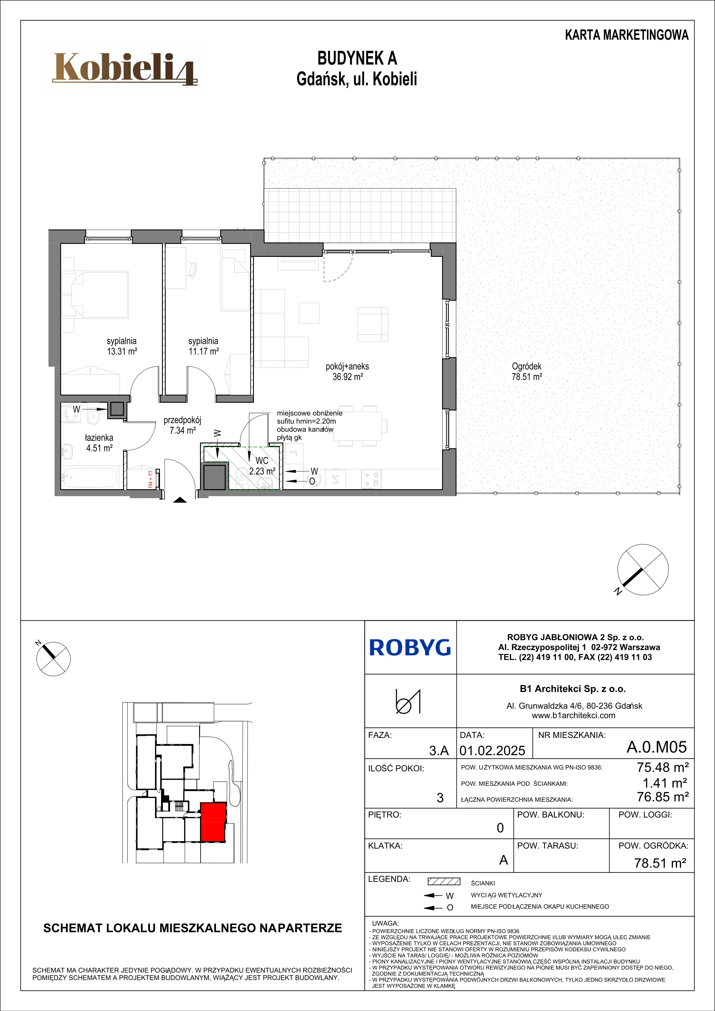 3 pokoje, mieszkanie 75,48 m², parter, oferta nr A.0M05, KOBIELI 4, Gdańsk, Brzeźno, ul. Bogumiła Kobieli / Gdańska