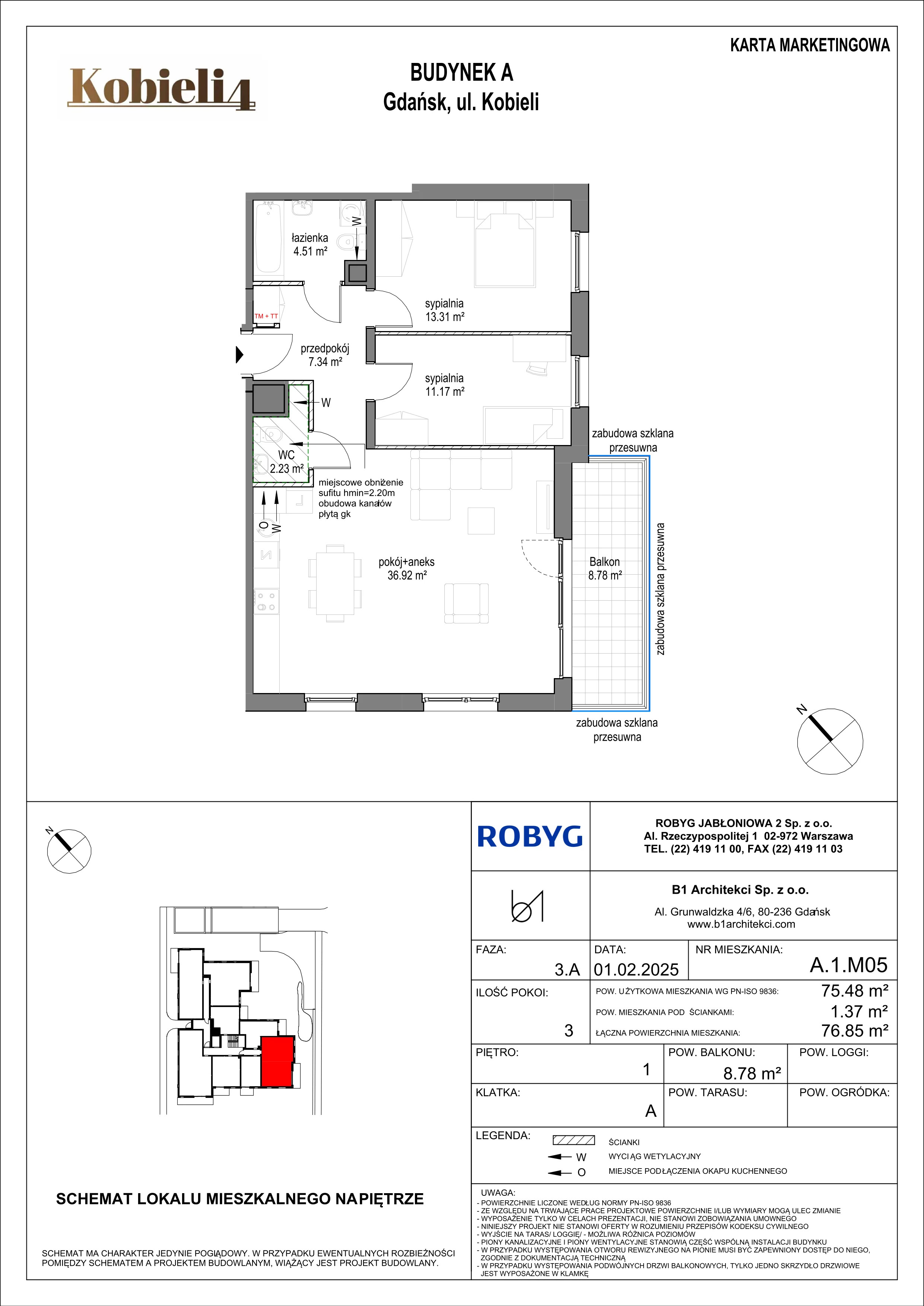 3 pokoje, mieszkanie 75,48 m², piętro 1, oferta nr A.1M05, KOBIELI 4, Gdańsk, Brzeźno, ul. Bogumiła Kobieli / Gdańska