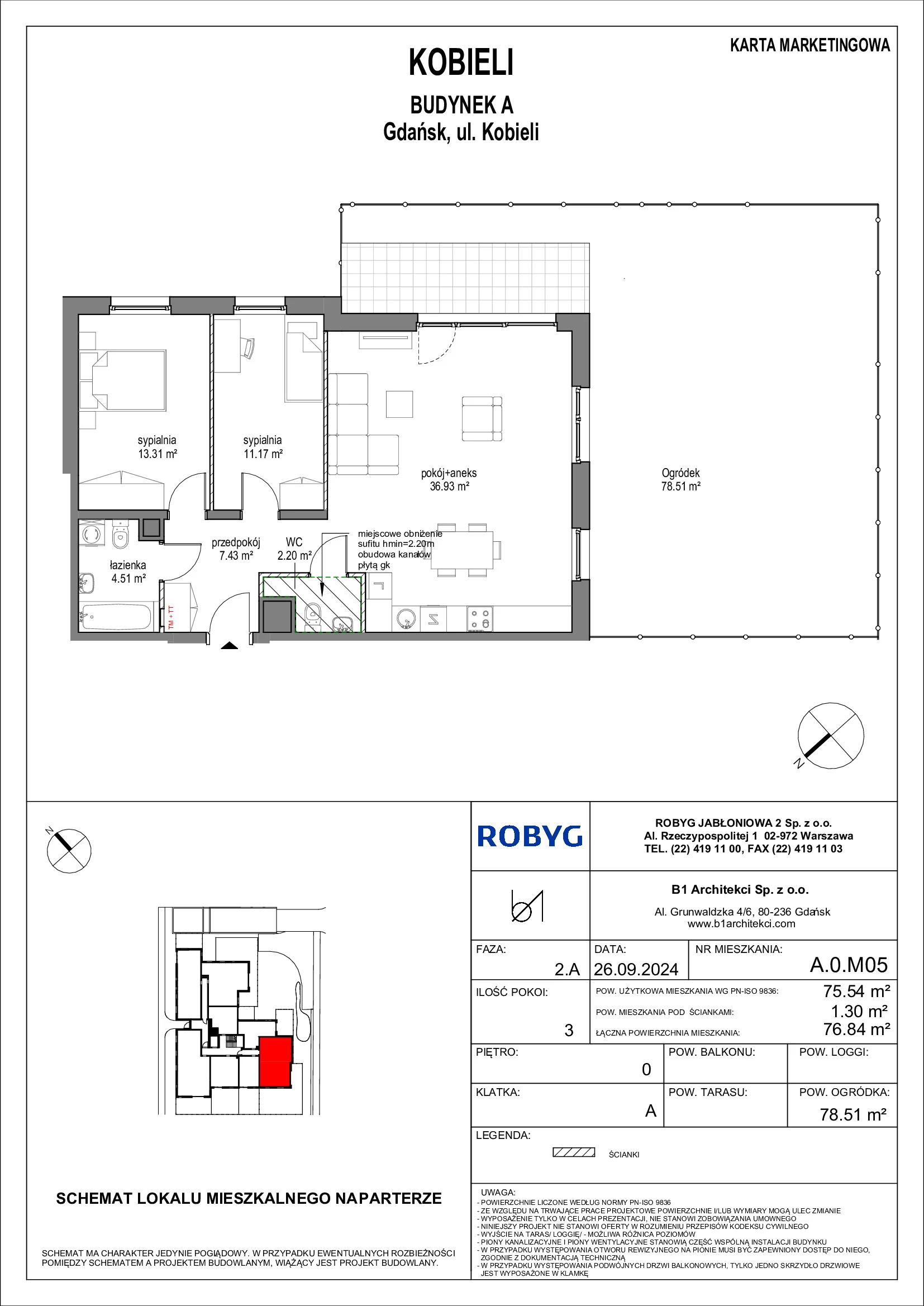 Mieszkanie 75,54 m², parter, oferta nr A.0M05, KOBIELI 4, Gdańsk, Brzeźno, ul. Bogumiła Kobieli / Gdańska