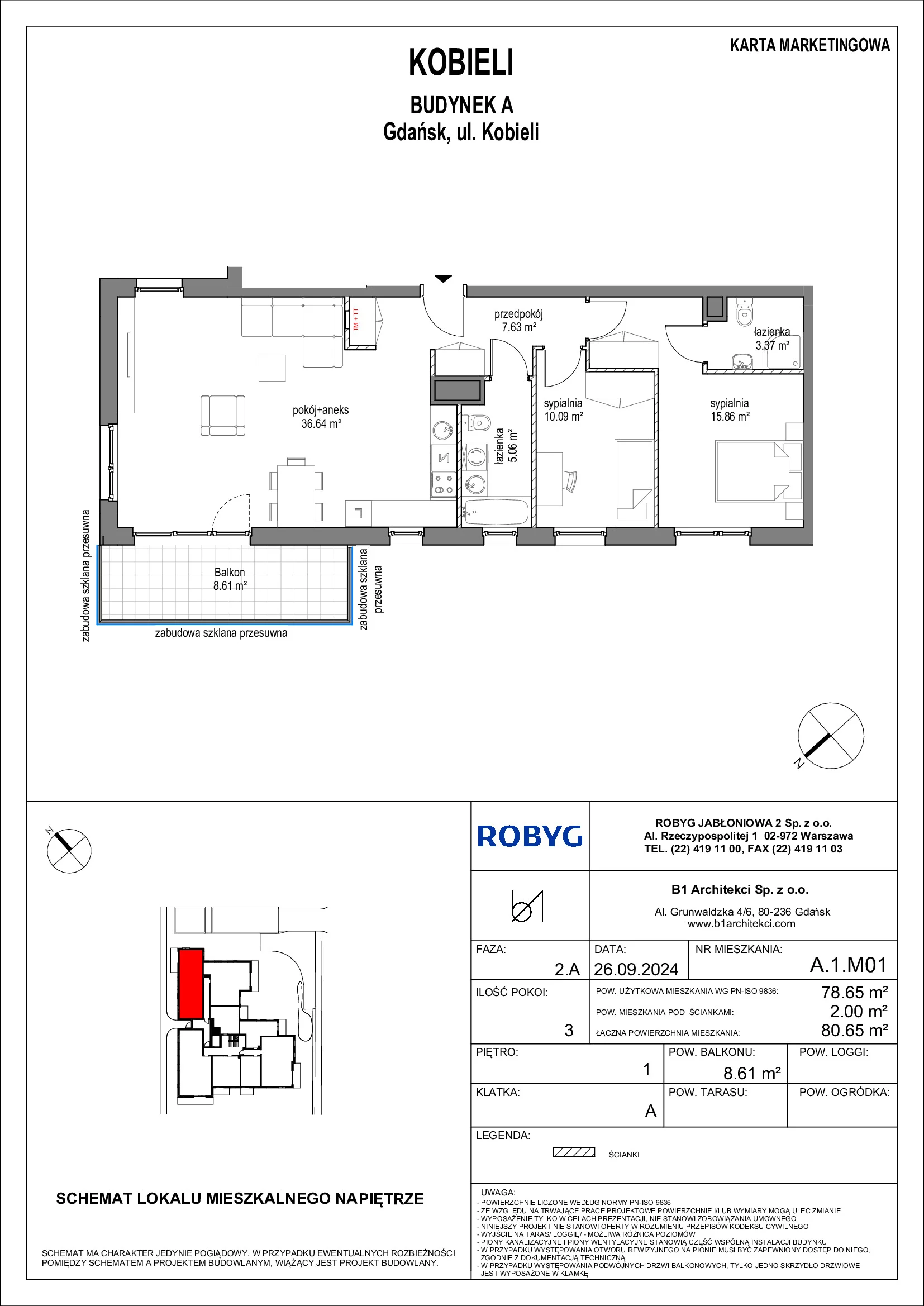 Mieszkanie 78,65 m², piętro 1, oferta nr A.1M01, KOBIELI 4, Gdańsk, Brzeźno, ul. Bogumiła Kobieli / Gdańska