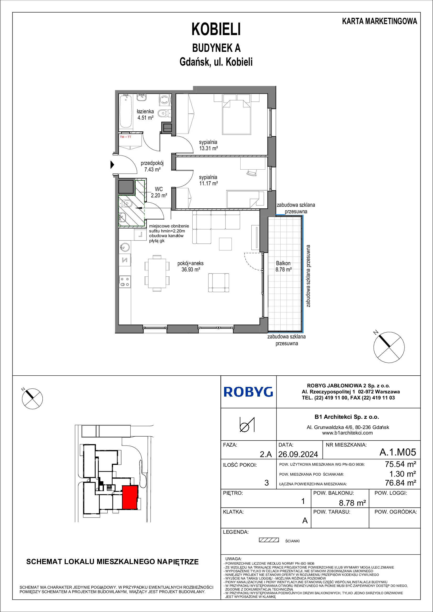 Mieszkanie 75,54 m², piętro 1, oferta nr A.1M05, KOBIELI 4, Gdańsk, Brzeźno, ul. Bogumiła Kobieli / Gdańska