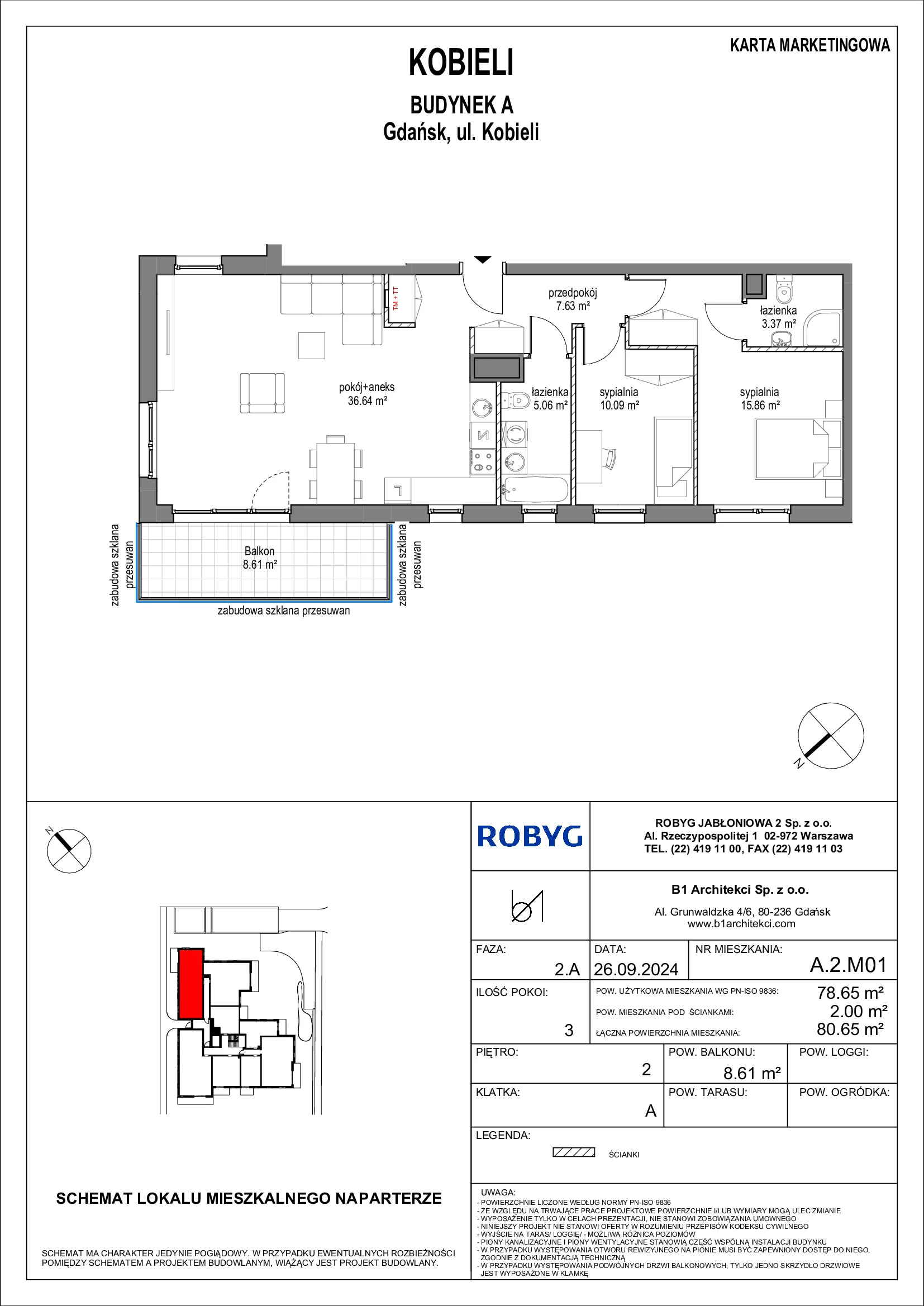 Mieszkanie 78,65 m², piętro 2, oferta nr A.2M01, KOBIELI 4, Gdańsk, Brzeźno, ul. Bogumiła Kobieli / Gdańska