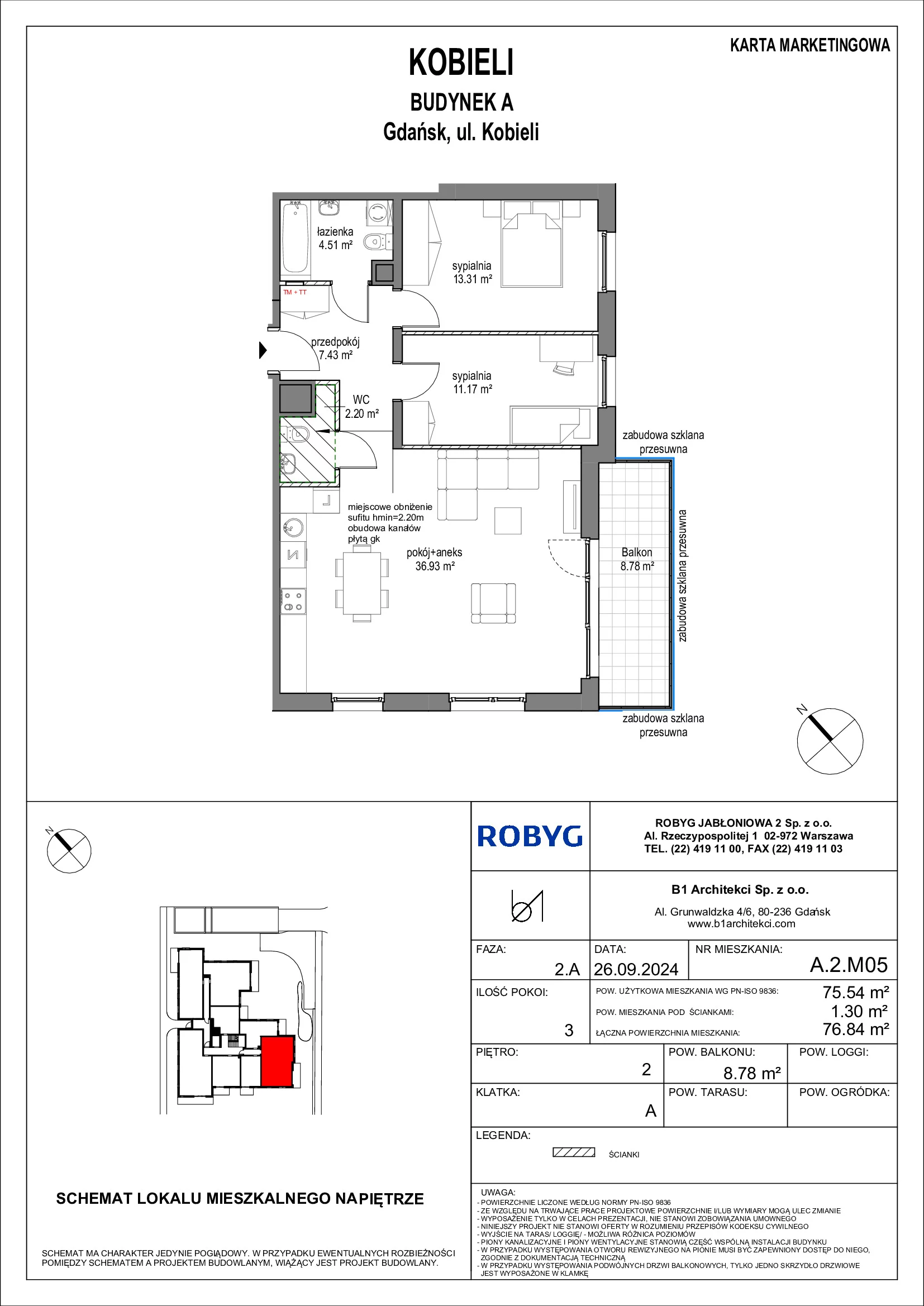 Mieszkanie 75,54 m², piętro 2, oferta nr A.2M05, KOBIELI 4, Gdańsk, Brzeźno, ul. Bogumiła Kobieli / Gdańska